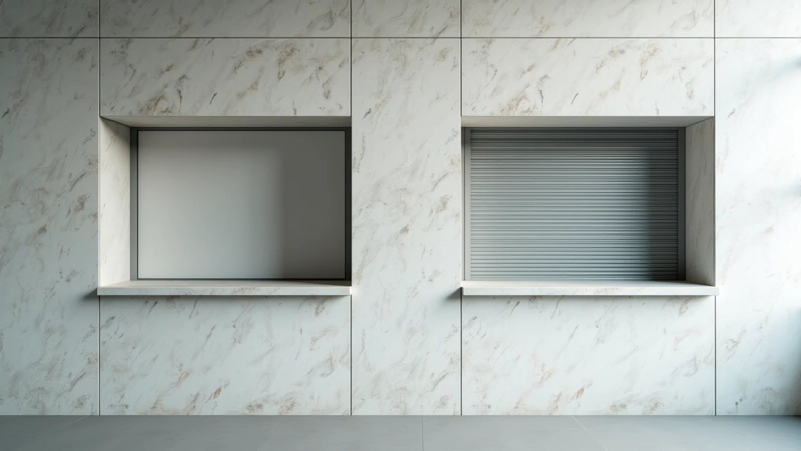 Two identical service hatches set into a pale stone public counter wall — the left one standing open onto an empty interior, the right one sealed behind a closed corrugated metal roller shutter.