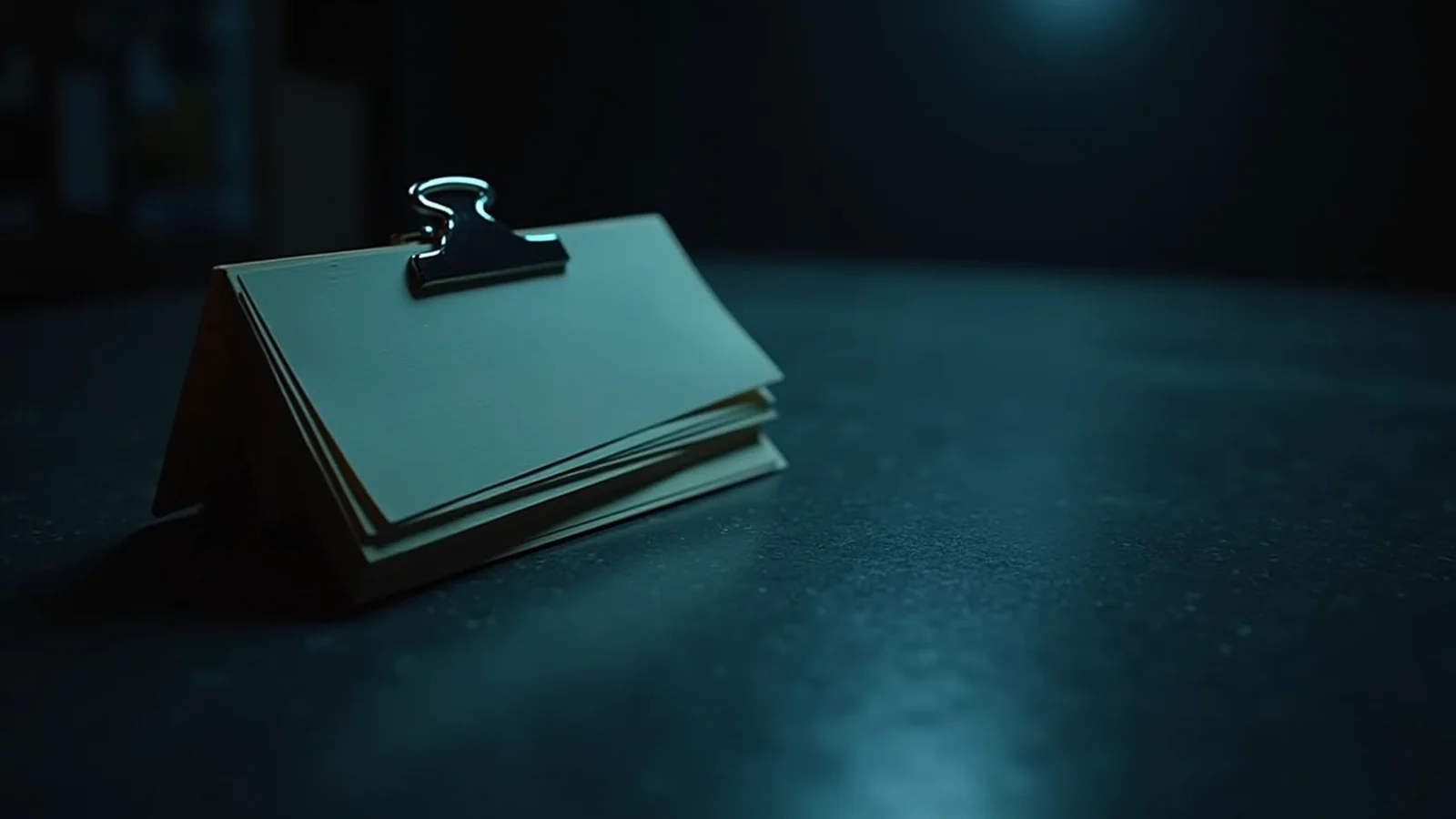 Three worn index cards with differently colored edges held in one stack by a steel clip on a dark archive table.
