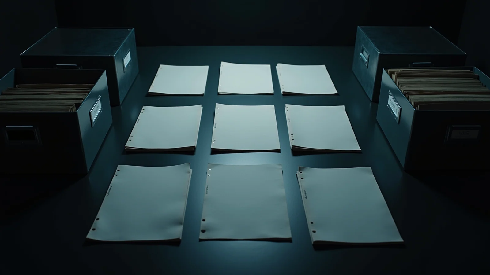 Nine pale grey archival record packets arranged in a three-by-three grid on a dark evidence table beside two open file boxes.