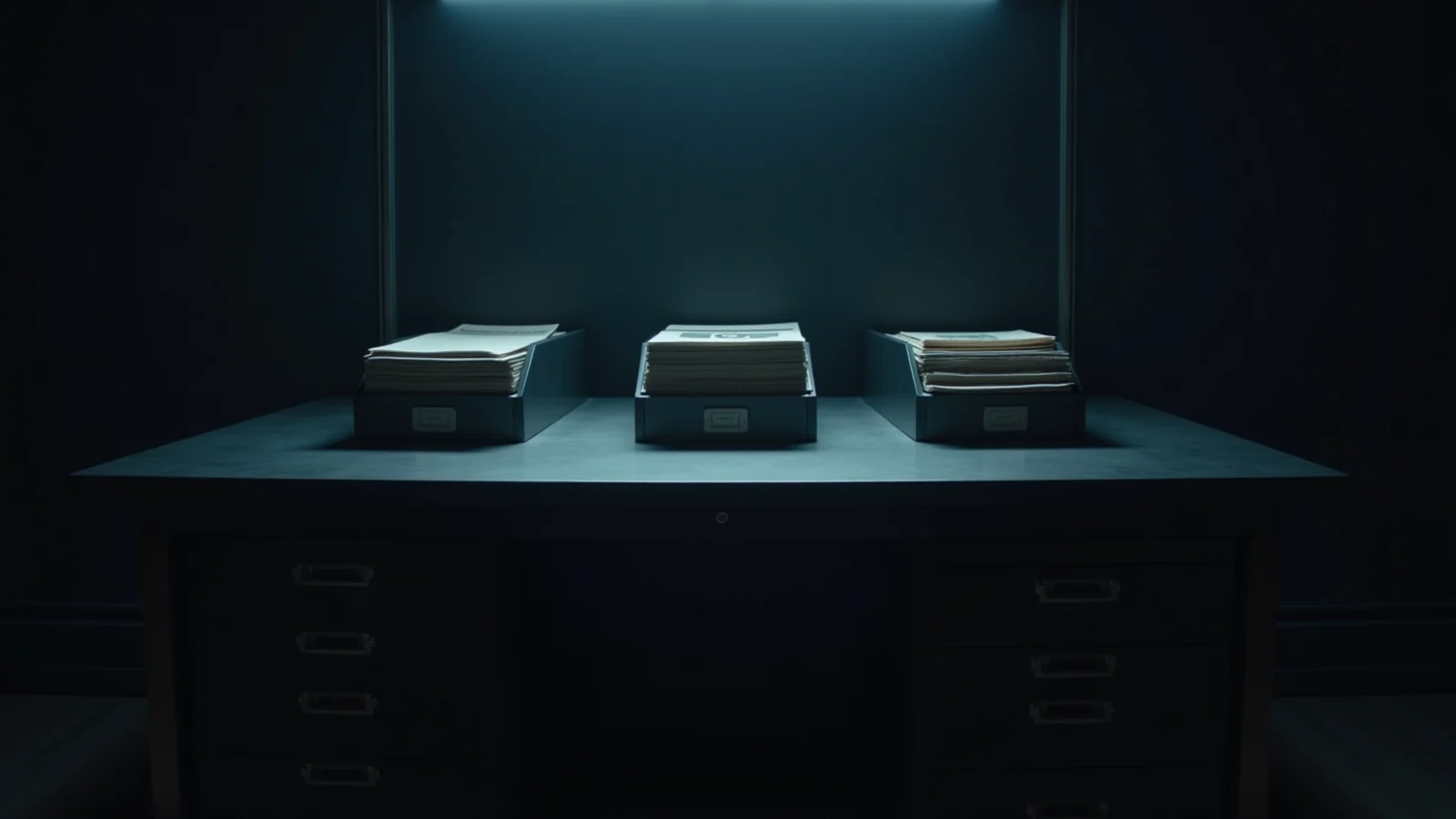 A single dark reading desk with three separate archival trays feeding it from different directions, each tray lit in its own restrained shade while the documents meet under one neutral lamp.