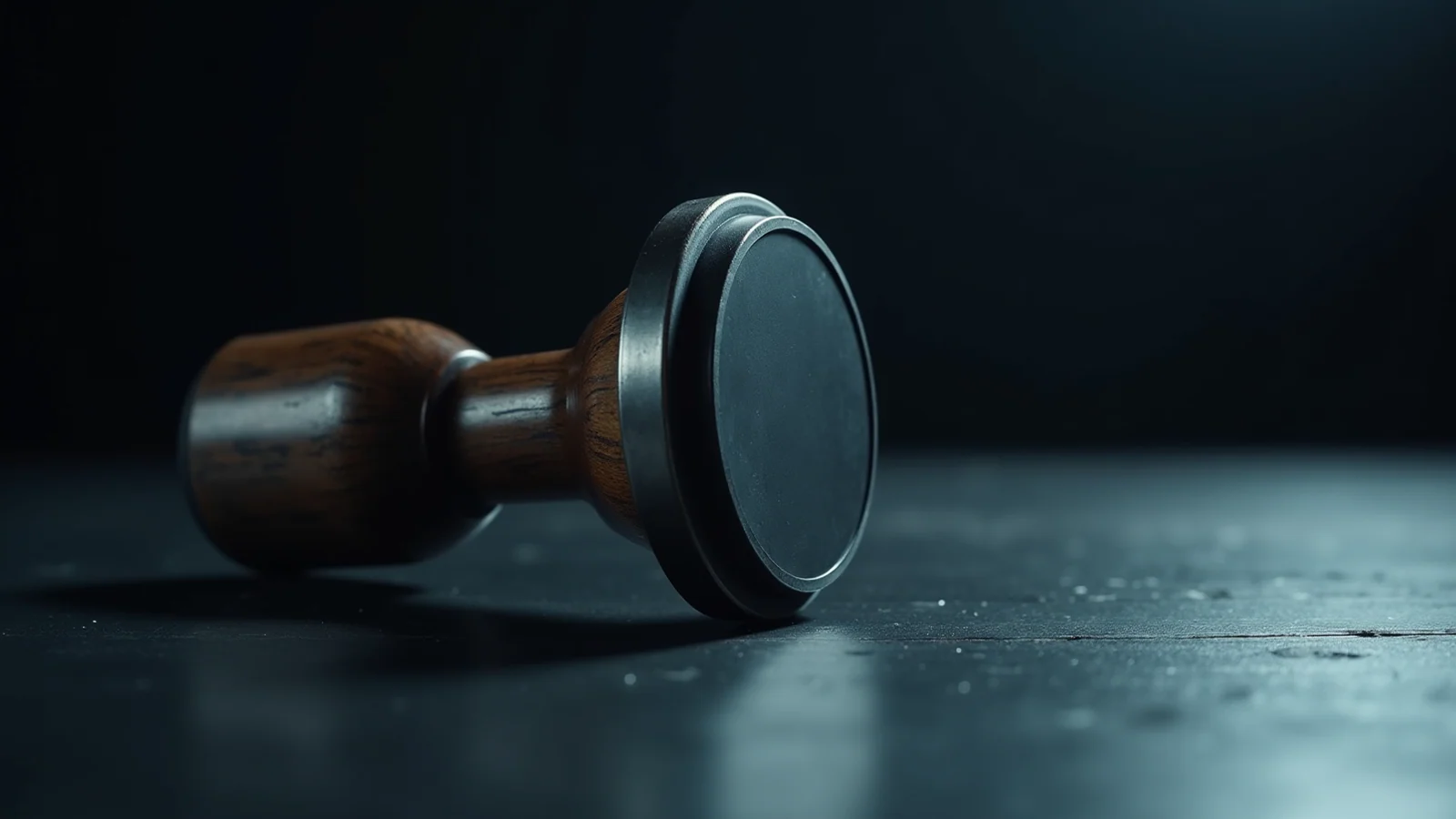 A steel document stamp with a dark wooden handle lying tipped on its side on a bare desk, its circular face turned to the camera and raked by a single light, showing that the face is completely smooth and blank — no type, no engraving, nothing on it to print.