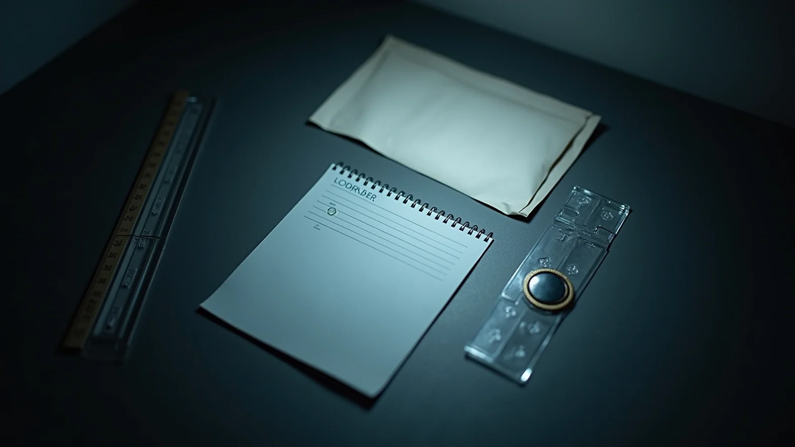 An pale grey calendar card held beneath a transparent evidence ruler beside a sealed archival envelope and steel timestamp token.