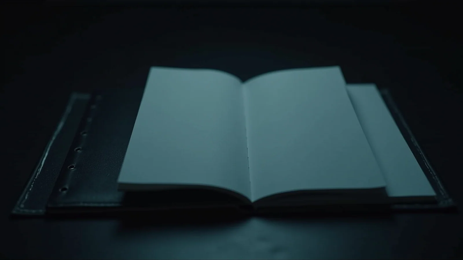 An open black notebook with a steel bookmark and three blank index cards layered on a dark archive desk.