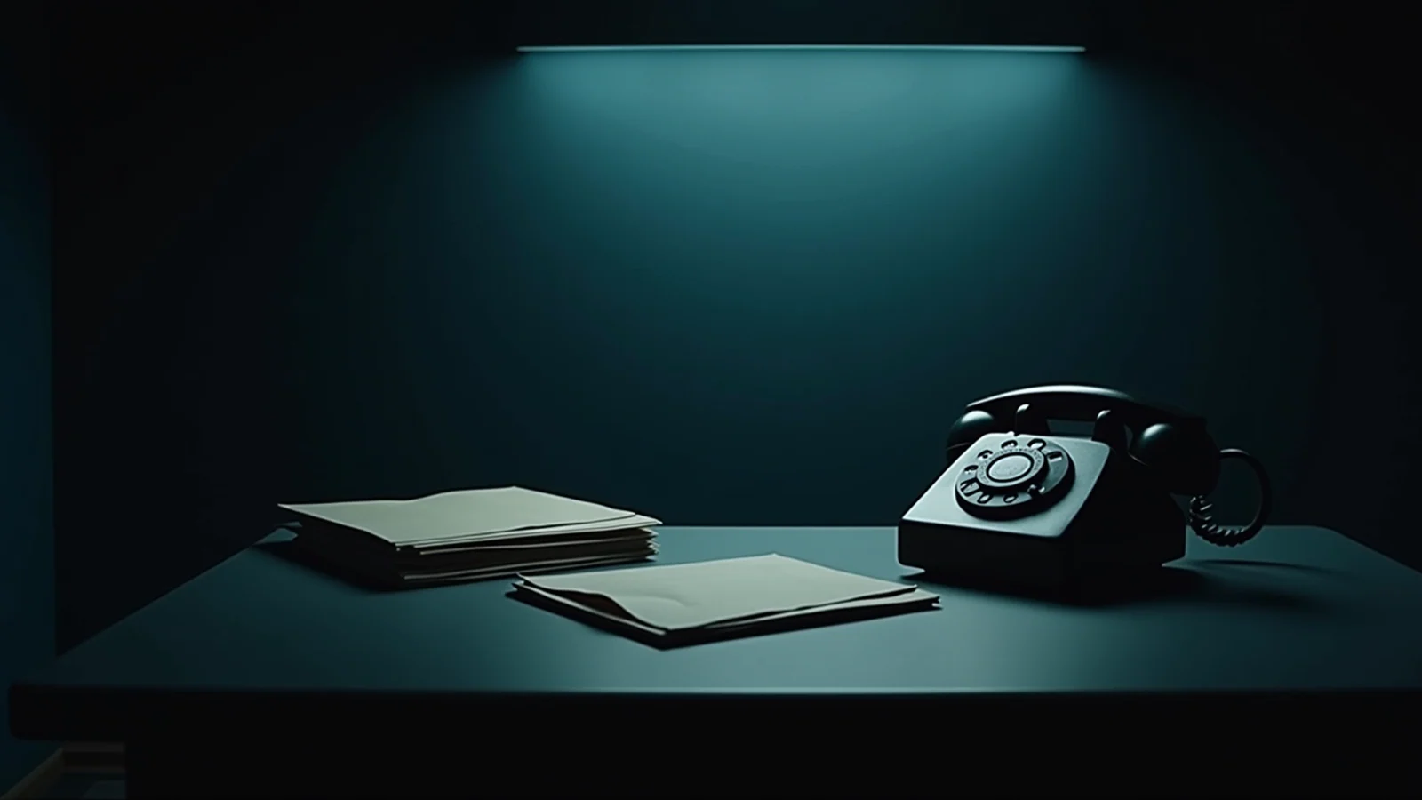 A black rotary telephone, stacked neutral docket folders, and a sealed envelope on a dark records desk under a cold overhead light.