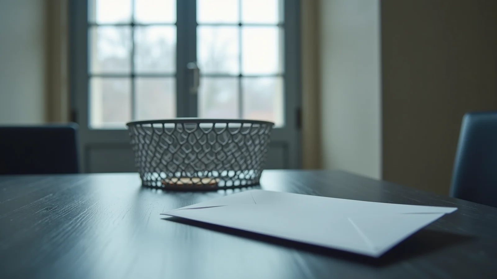 A single pale unmarked envelope lying face-down on a dark table in front of an empty wire mesh office tray, in a quiet room lit by flat overcast daylight through a tall window behind them.