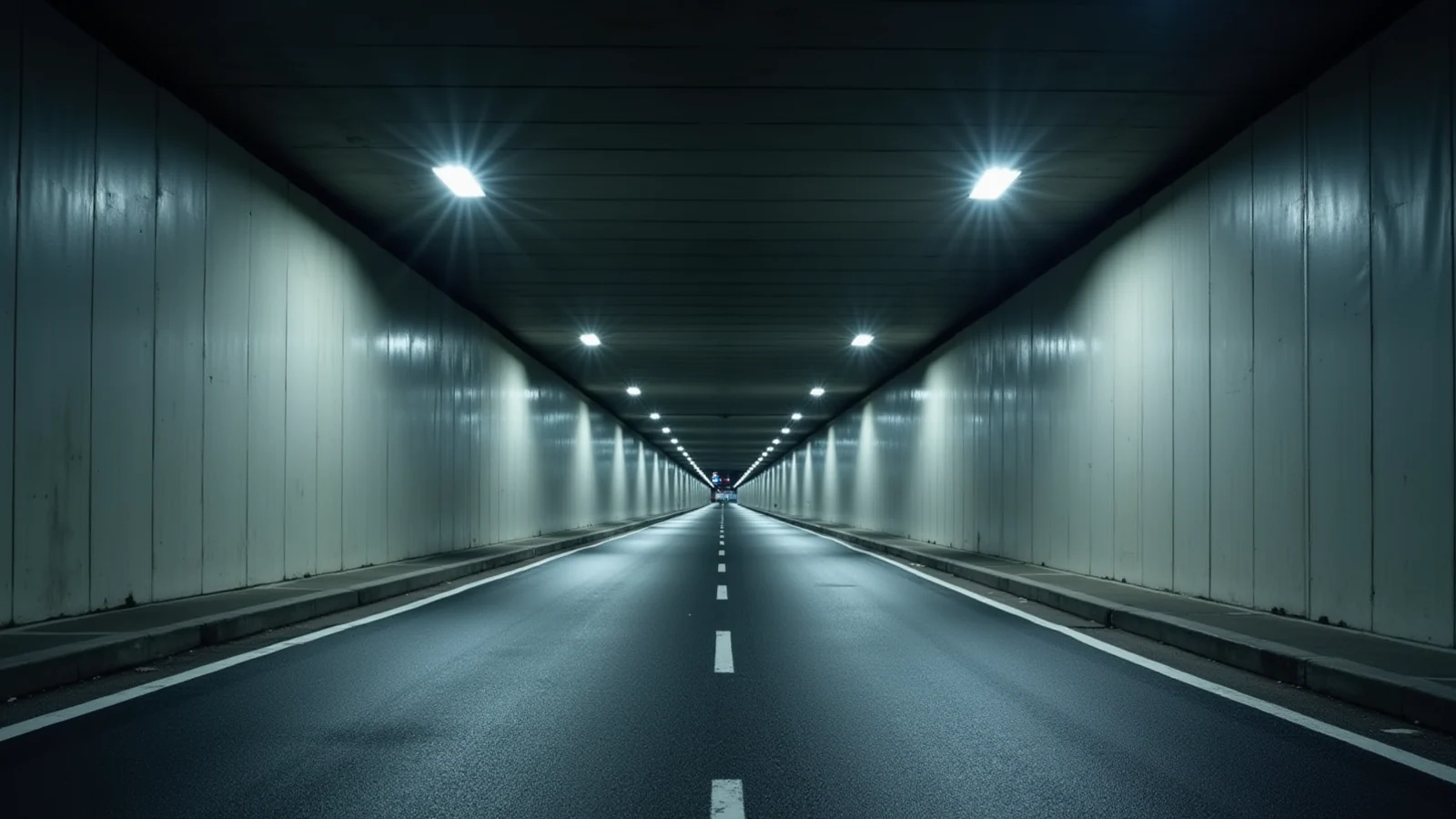 A long-exposure night photograph of a wide empty concrete underpass lit by overhead lamps, the roadway completely clear of traffic and carrying no light trails at all.