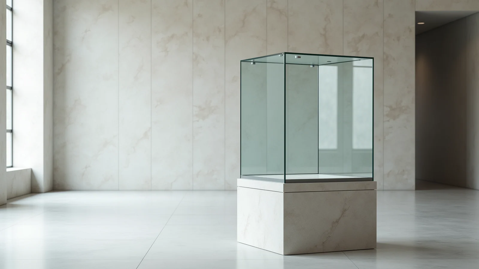 A tall sealed glass display case standing empty on a pale stone plinth in the middle of a bright institutional hall, lit by flat overcast daylight, with no placard, label or object of any kind inside it.