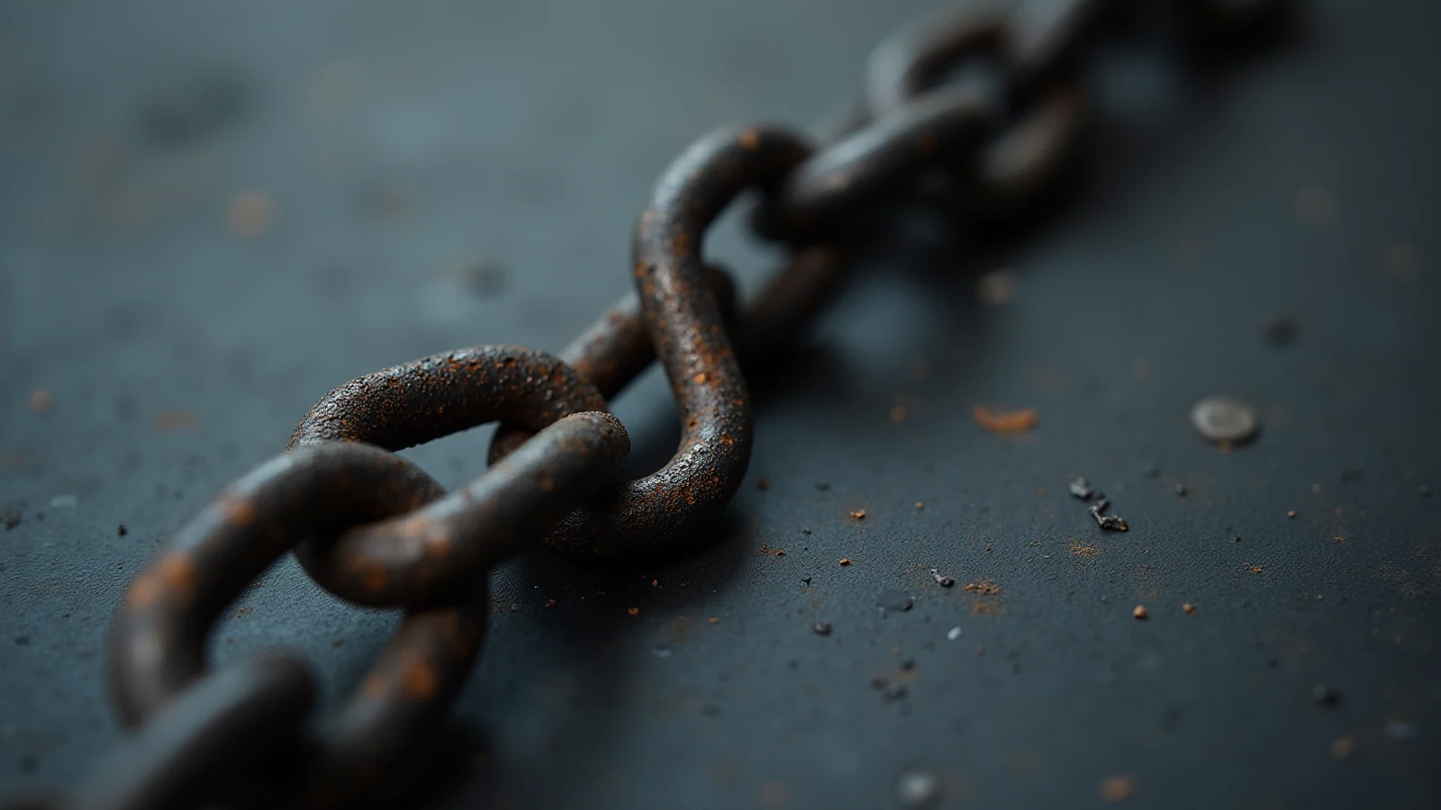 A close macro photograph of a heavy steel chain lying across a dark surface, broken in the middle of the frame: one link has been cut open and its two severed ends hang apart, and the run of chain continuing beyond the gap is joined to nothing.