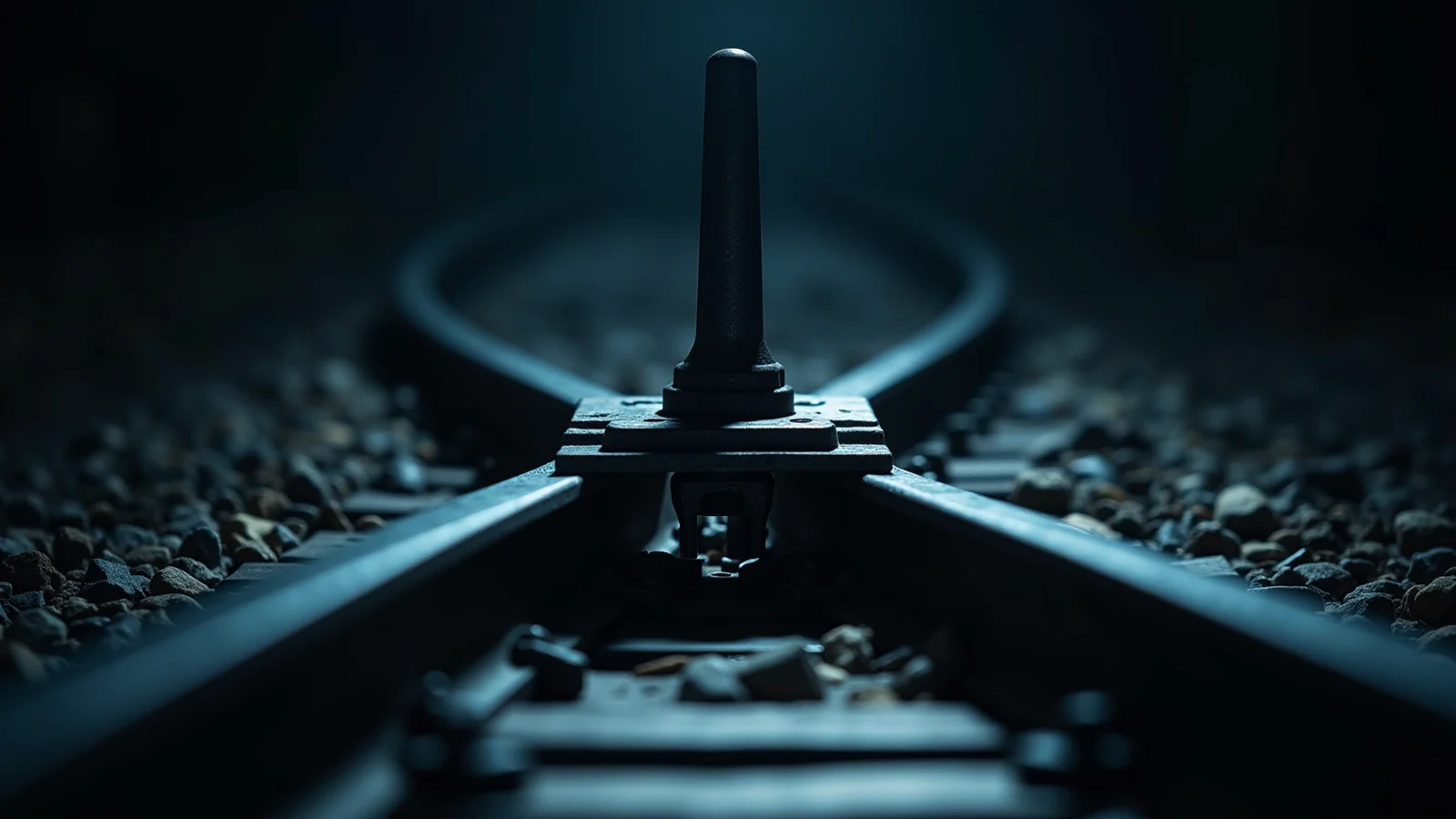 A close macro photograph of a steel railway point on dark ballast, where the rail divides at a junction and the two resulting rails run away in different directions into shadow, with a pair of ball-topped steel switch levers standing at the split.