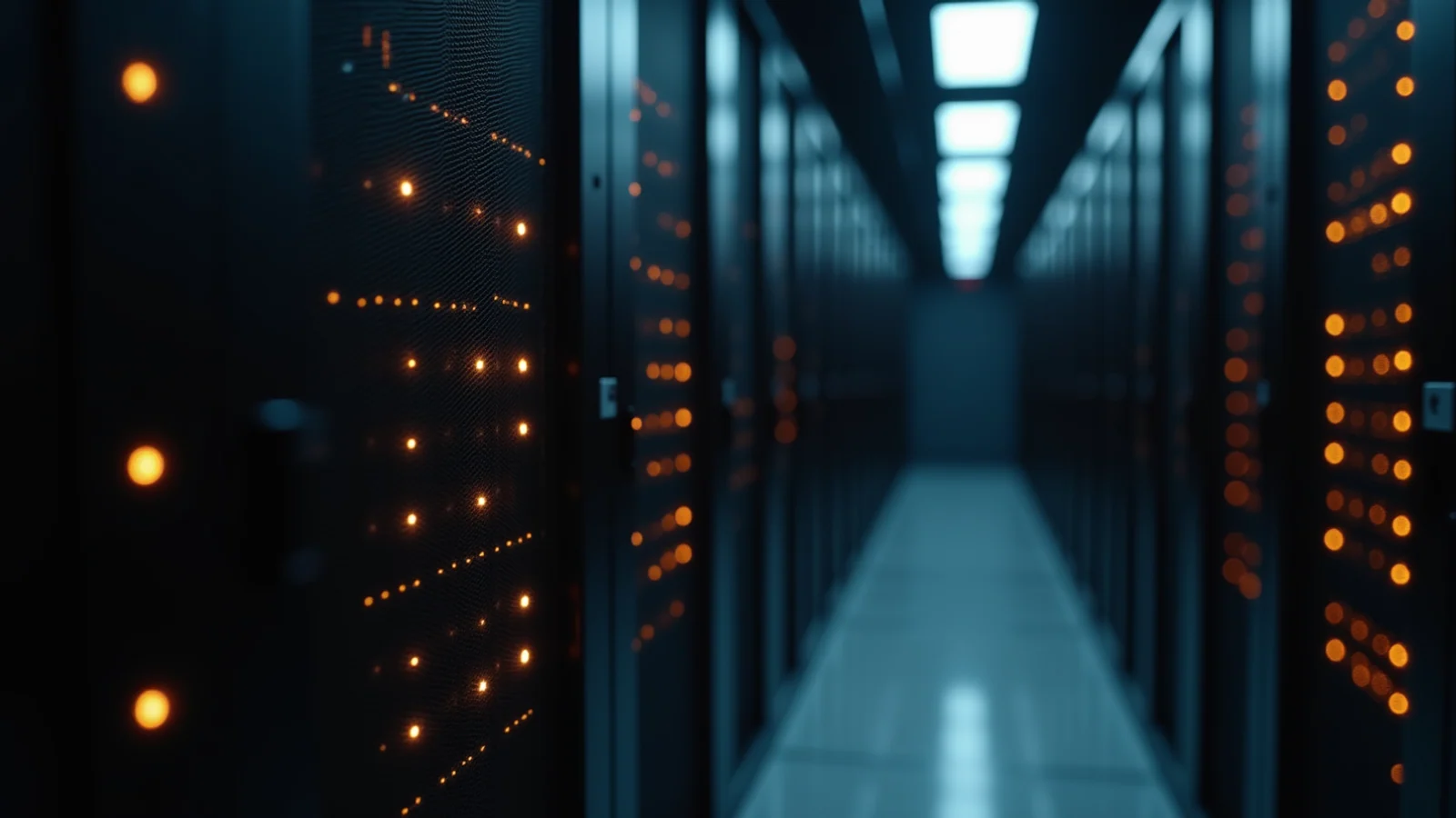 A server aisle where the racks nearest the camera stand dark with almost all indicator lights out, while a bank of racks further down the hall still glows cold blue.