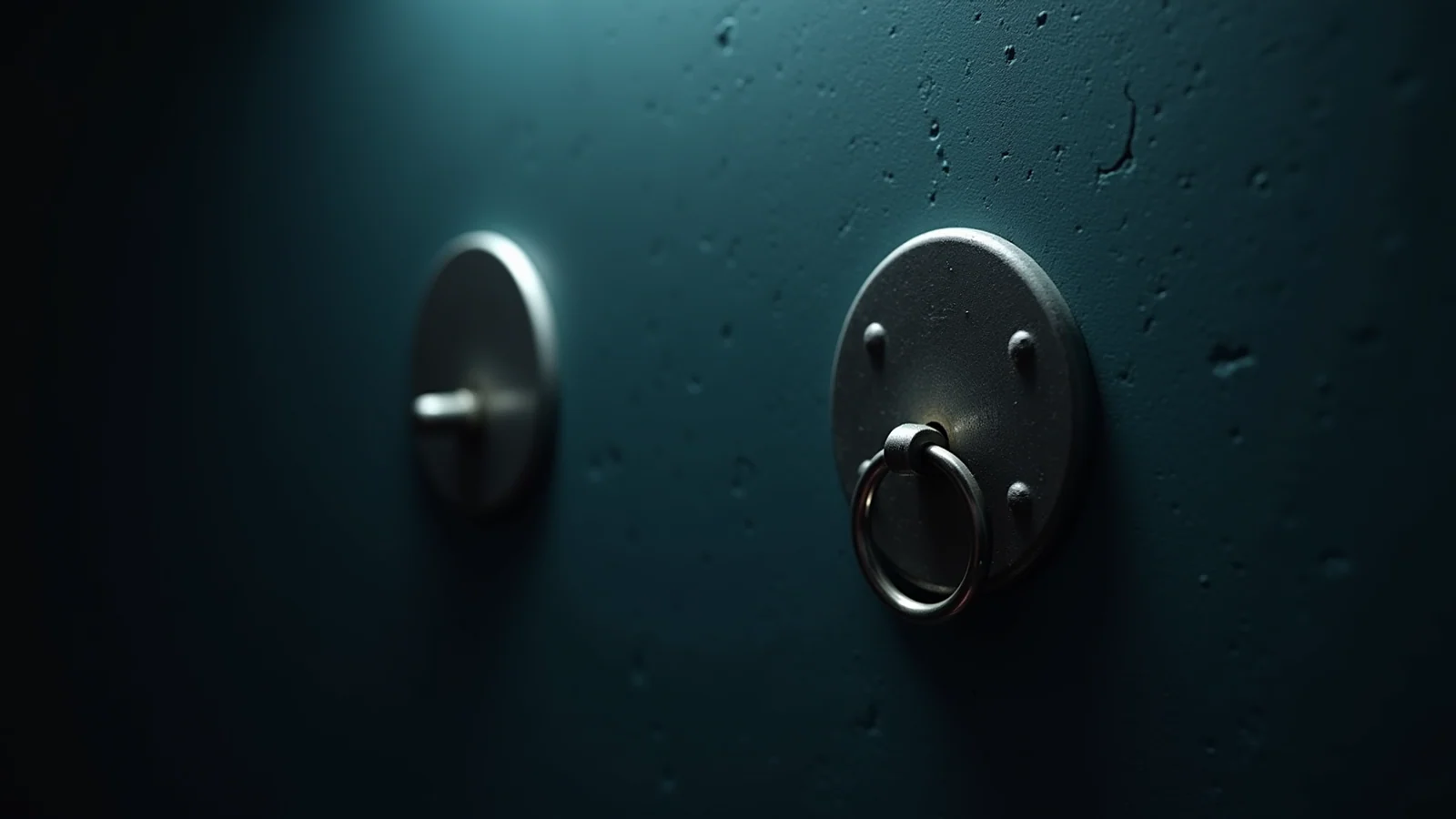 A close photograph of two identical steel hooks mounted side by side on a dark wall, the left one carrying a heavy plain steel ring and the right one bare, lit by a single cool light.