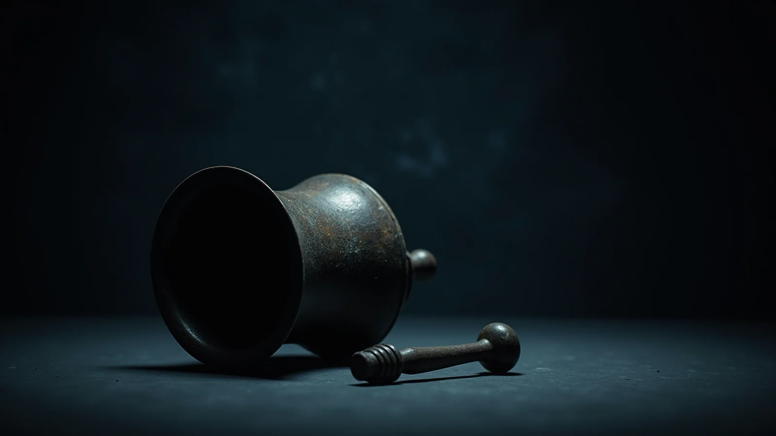 A heavy dark bronze bell lying on its side on a dark surface, its mouth turned toward the camera and its interior bare, with its detached clapper lying on the surface beside it.