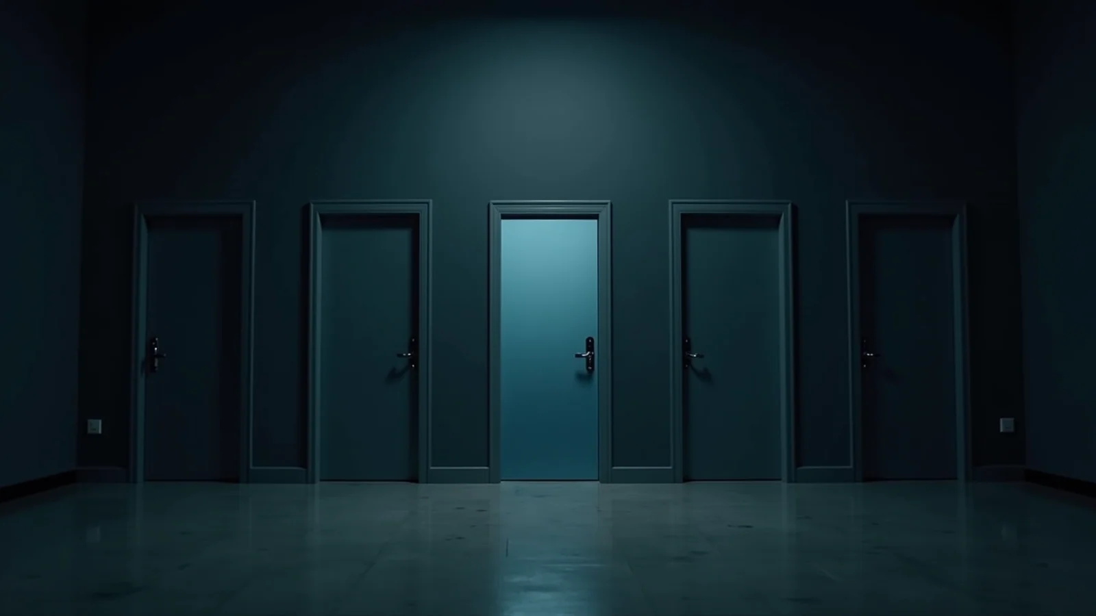 A row of identical plain closed doors set in a dark wall, seen straight on, one of them lit from behind by cold light while the rest stay unlit.