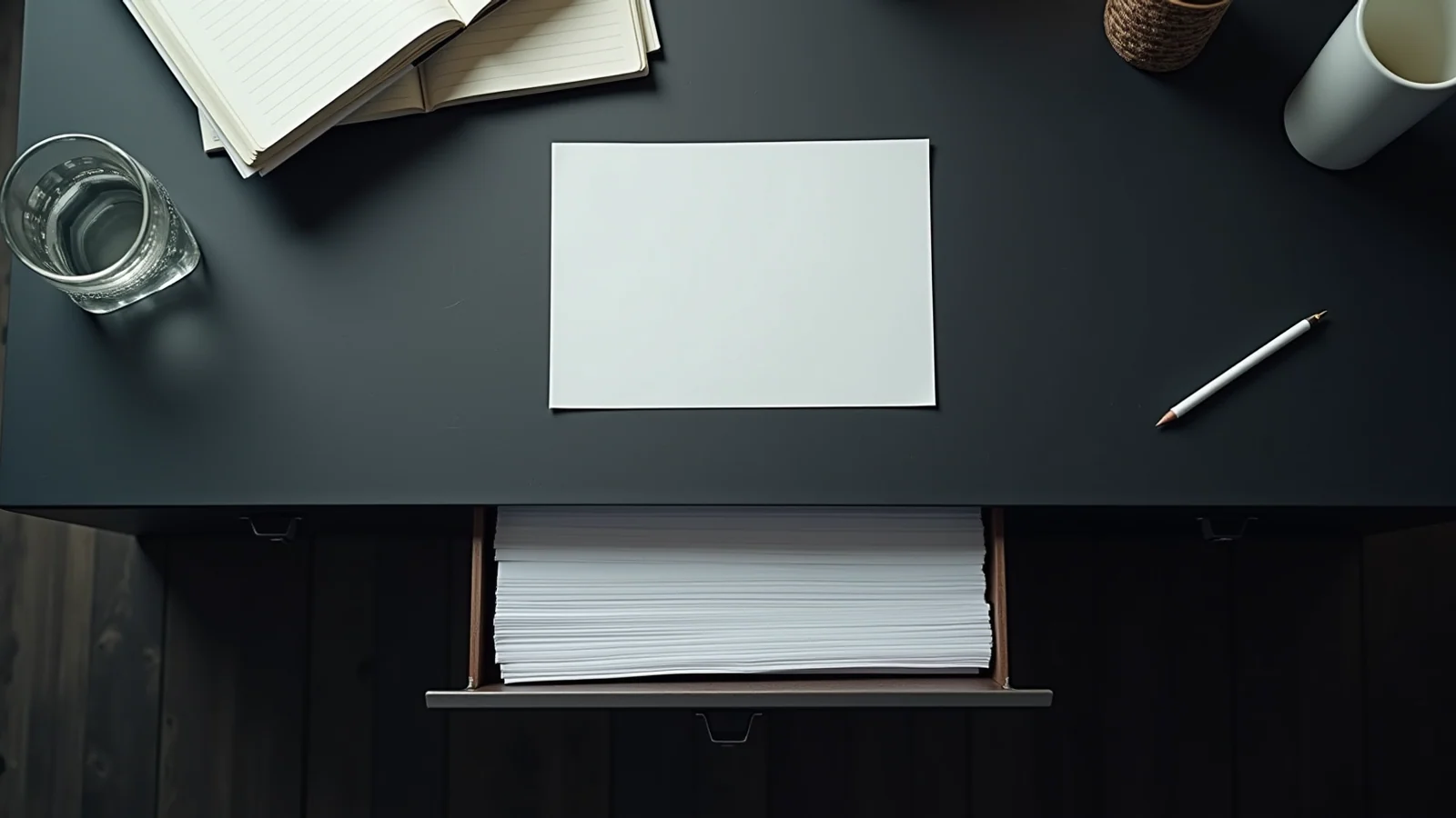 A single sheet of paper pinned under a cold light on a dark desk, with a closed drawer beneath it standing slightly open to show an identical stack of papers untouched inside.