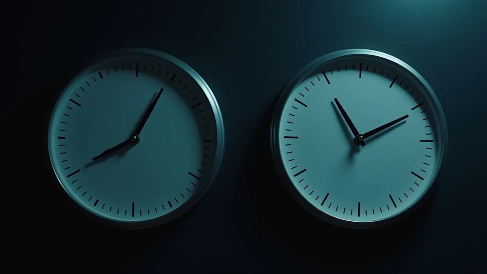 Two identical wall clocks mounted side by side on a dark wall, their hands showing different times, the right one caught by a cold key light and the left one sunk in shadow.