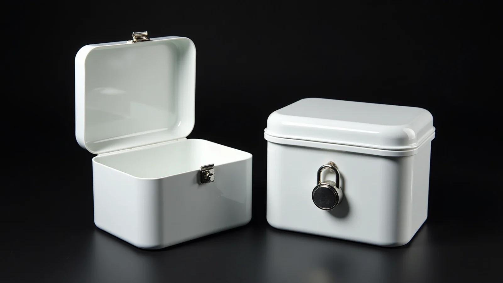 Two identical white enamelled boxes close together against a black background, the left one open with its lid raised to show a clean empty interior, the right one shut with a padlock hanging closed on its front.
