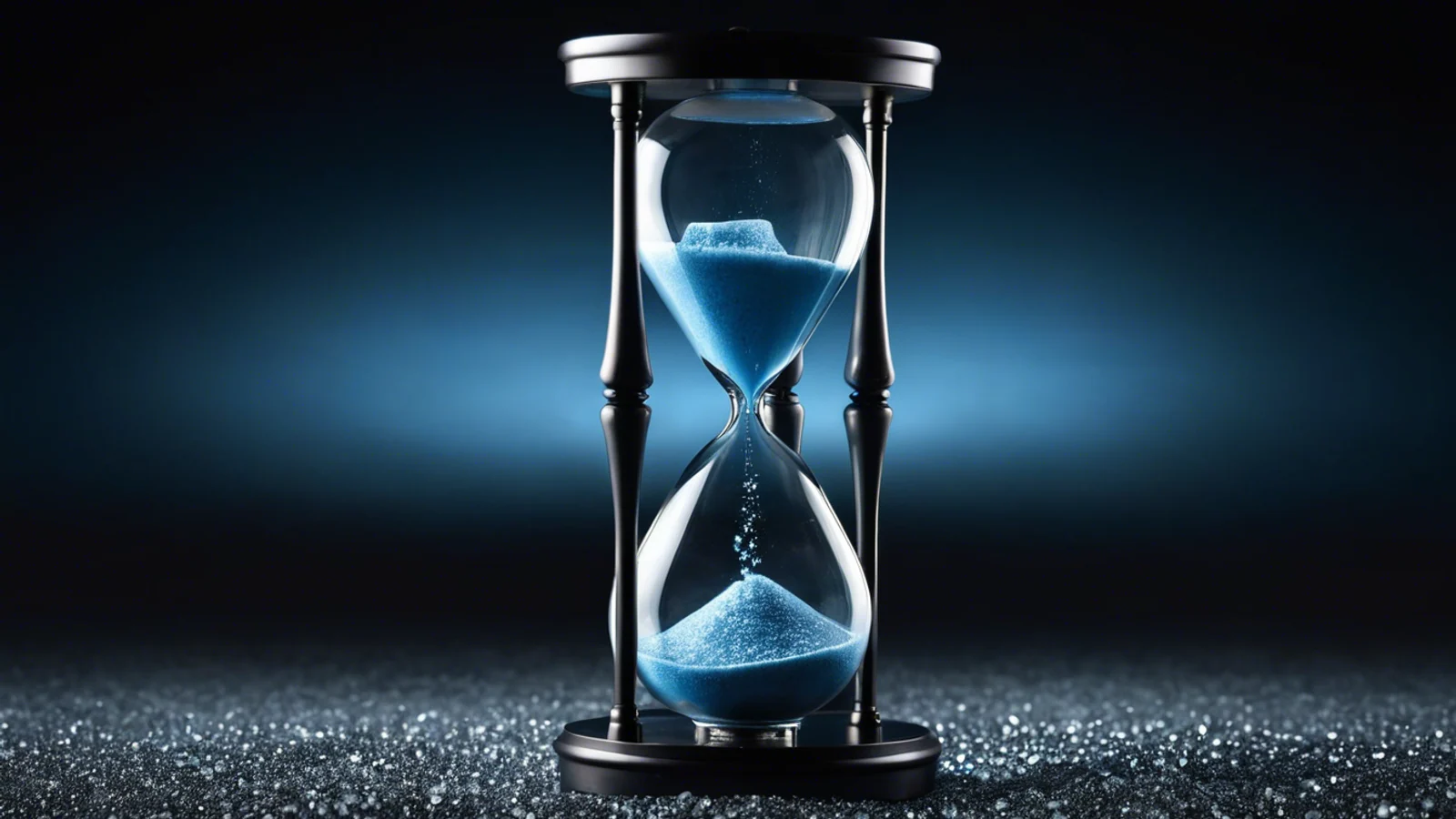 A single glass hourglass standing alone on a dark surface, its upper bulb still holding pale blue sand that streams steadily down into the lower bulb, lit by one cold blue light against a near-black background.