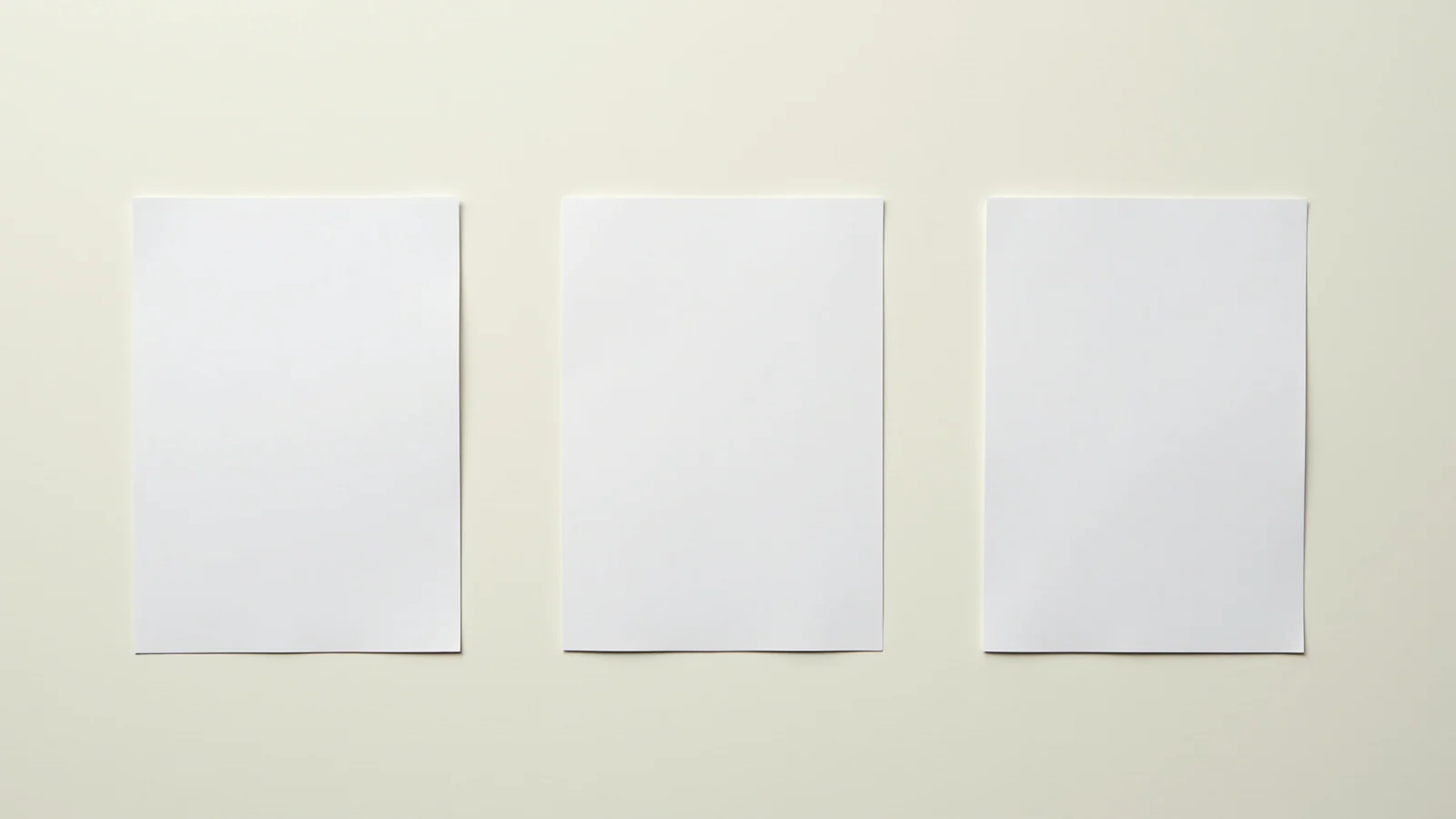 An overhead flat-lay of three blank white cards laid in an evenly spaced row on a plain pale surface, each one unmarked, with clear space around them.