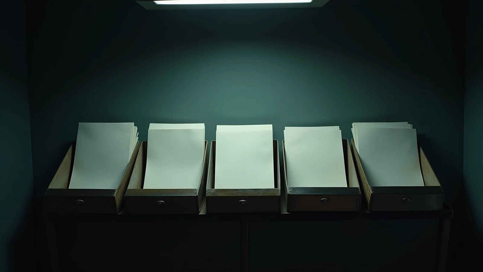 Five worn intake trays in a row on a records-office stand beneath one cold ceiling light, each holding a sheaf of blank paper, deep shadow pooling between them.