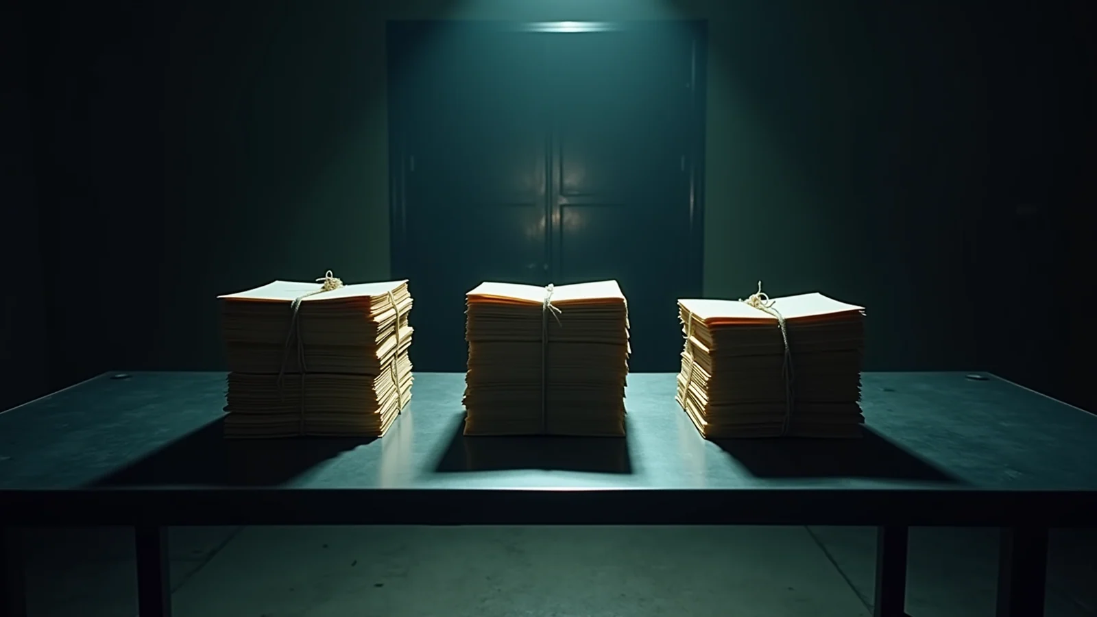 Three tall stacks of paper files on a dark steel desk, bound with cord, casting long converging shadows toward a single closed door lit coldly from above.