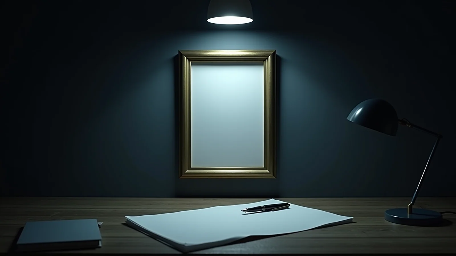 A blank sheet of paper sealed in a gilt frame under glass on a dark teal wall, lit by a steel desk lamp, and on the desk below it a second unframed blank sheet with a fountain pen lying across it.