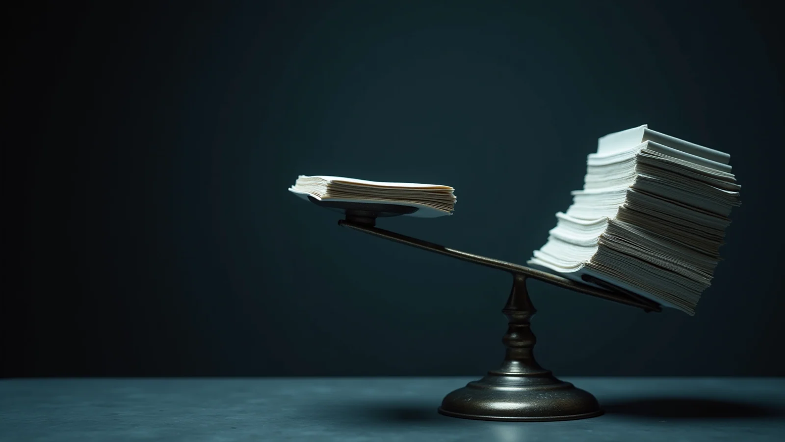 A steel balance scale locked at a hard tilt — one pan buried under a tall stack of blank paper and resting on the surface, the other bare and raised high — a scale that cannot balance, where adding more to the loaded side would change nothing.