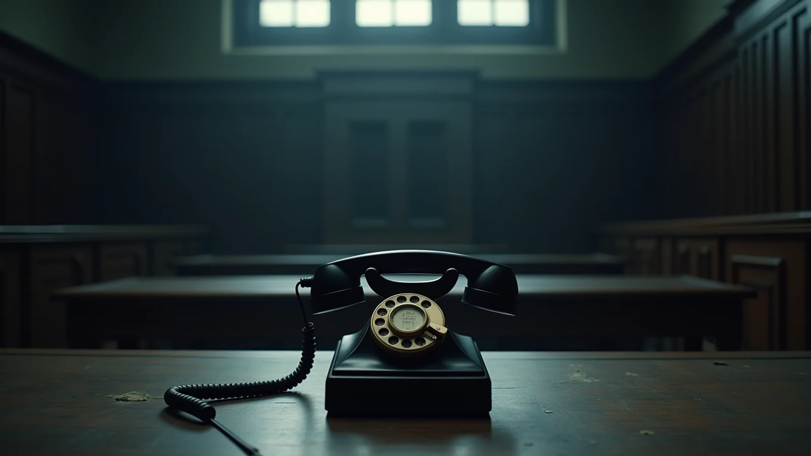 A heavy black rotary desk telephone with a steel-toned handset seated in its cradle, standing alone on a worn wooden courtroom bench, an empty panelled courtroom and one pale window receding into shadow behind it.