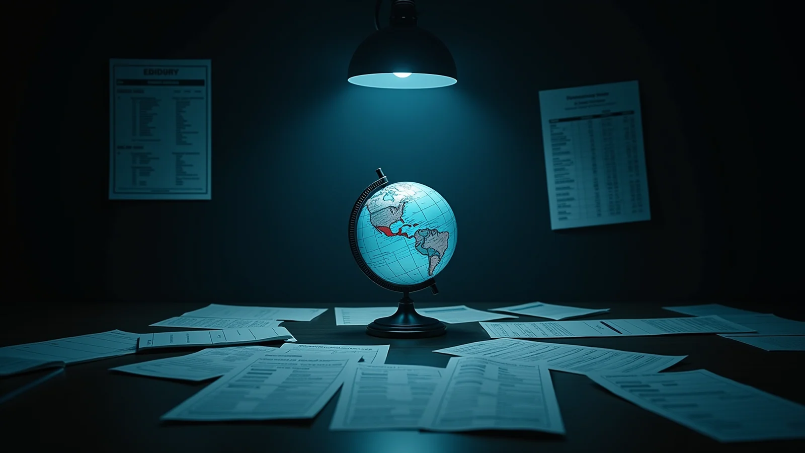 A dark editorial evidence desk arranged with event schedules, route diagrams, source receipts, and a glowing globe.