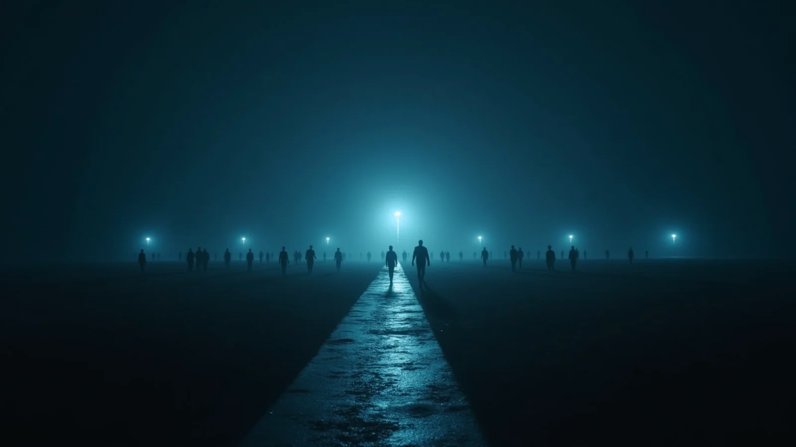 A luminous path carries people from a dense field of signals into a quiet blue night gathering.
