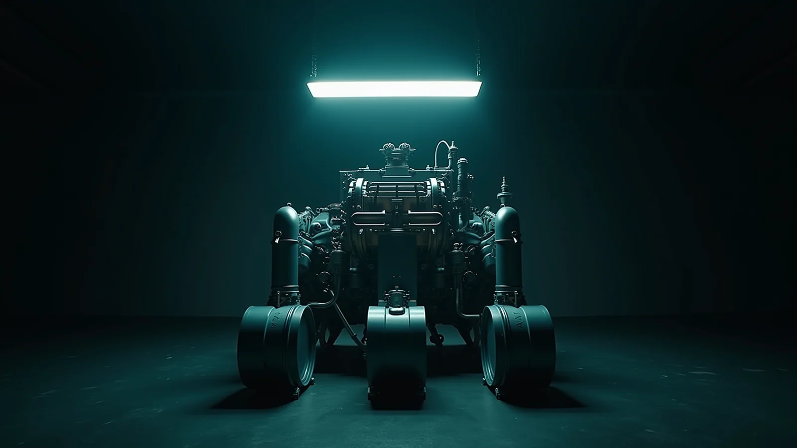 A precision agent engine feeds three parallel teal workstreams while three steel reserve cylinders and an unmarked ledger document sustained operating capacity.