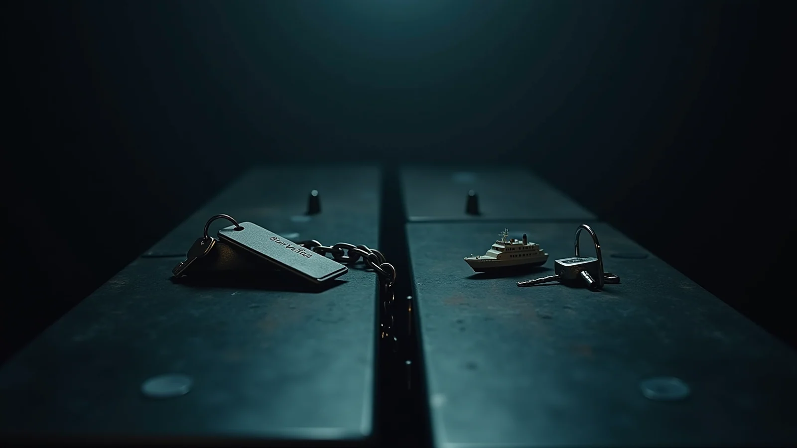 Separate steel and teal archive desks keep a vehicle key, towing chain, service tag, cargo seal, and shipping model in two distinct public-record lanes.