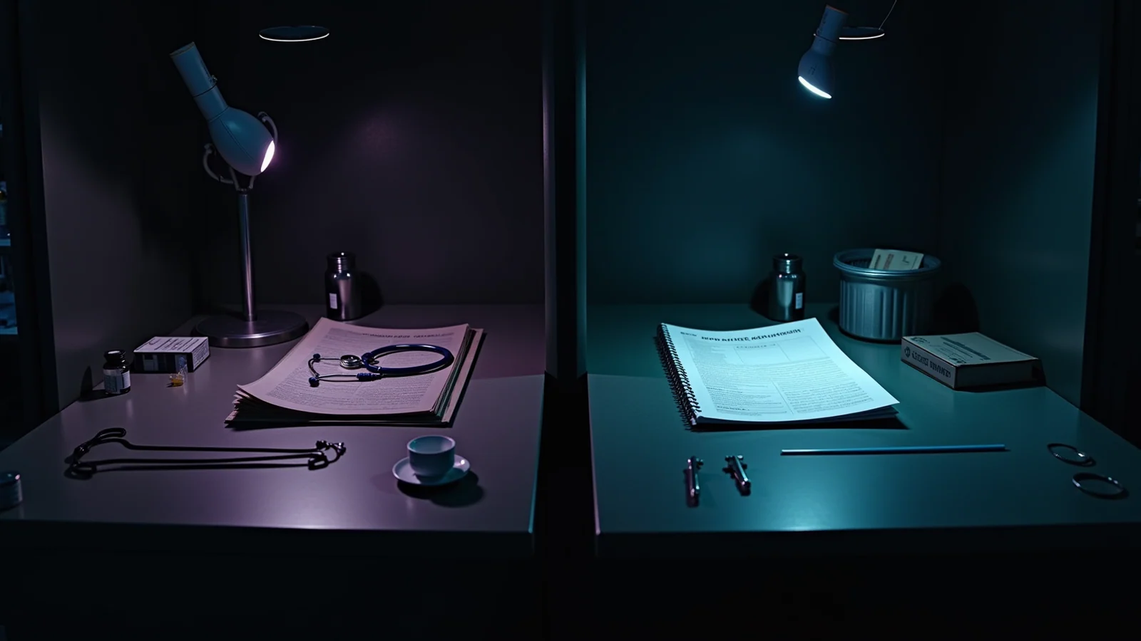 Two separate archive lanes — a pale steel medical-testing desk and a teal customs-manifest desk — each hold a dated settlement record without their contents mixing.