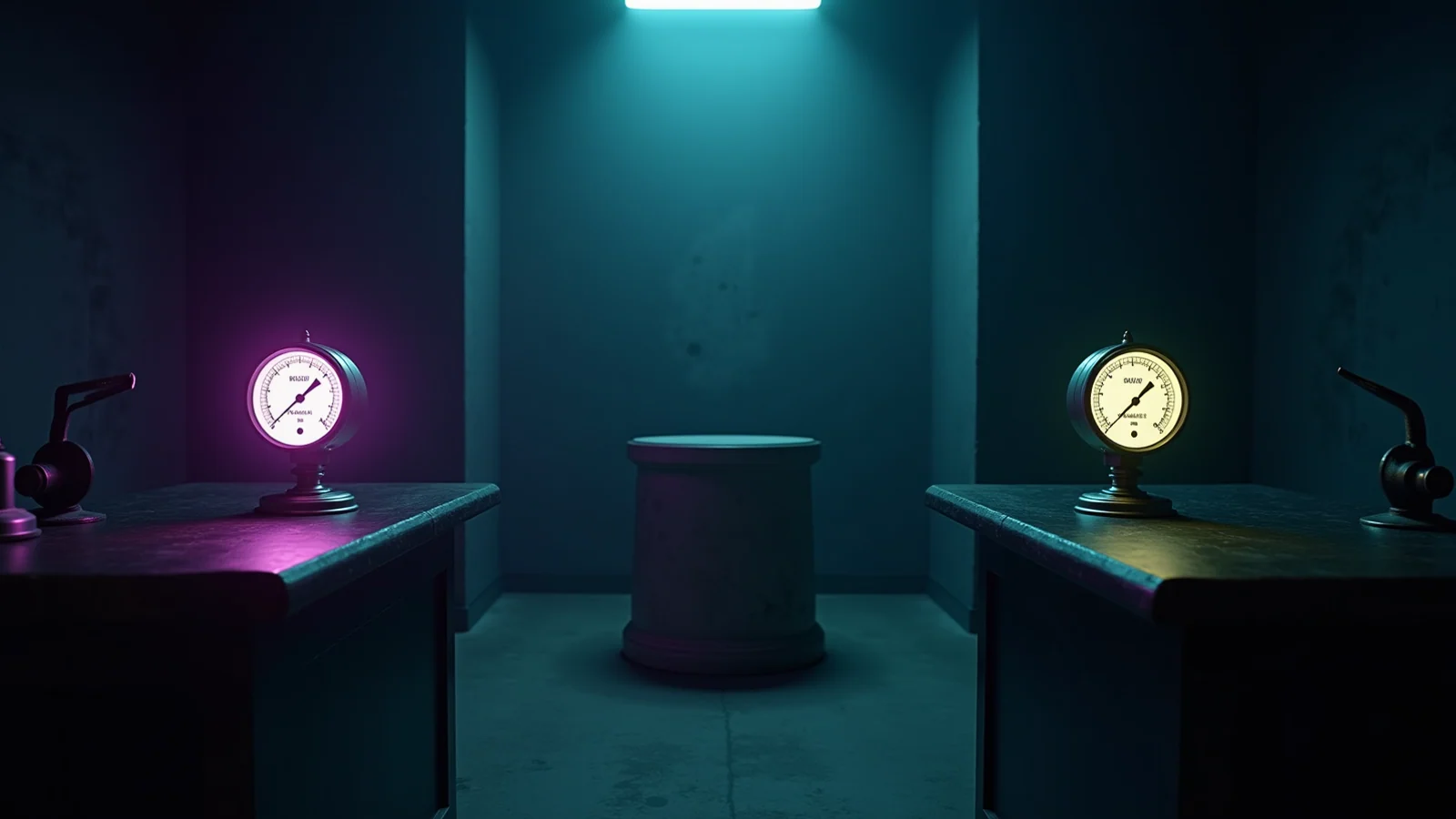 Two glowing instrument dials sit on the desks of the labs that built them, each measuring its own machine, while an empty third pedestal waits for an independent gauge.