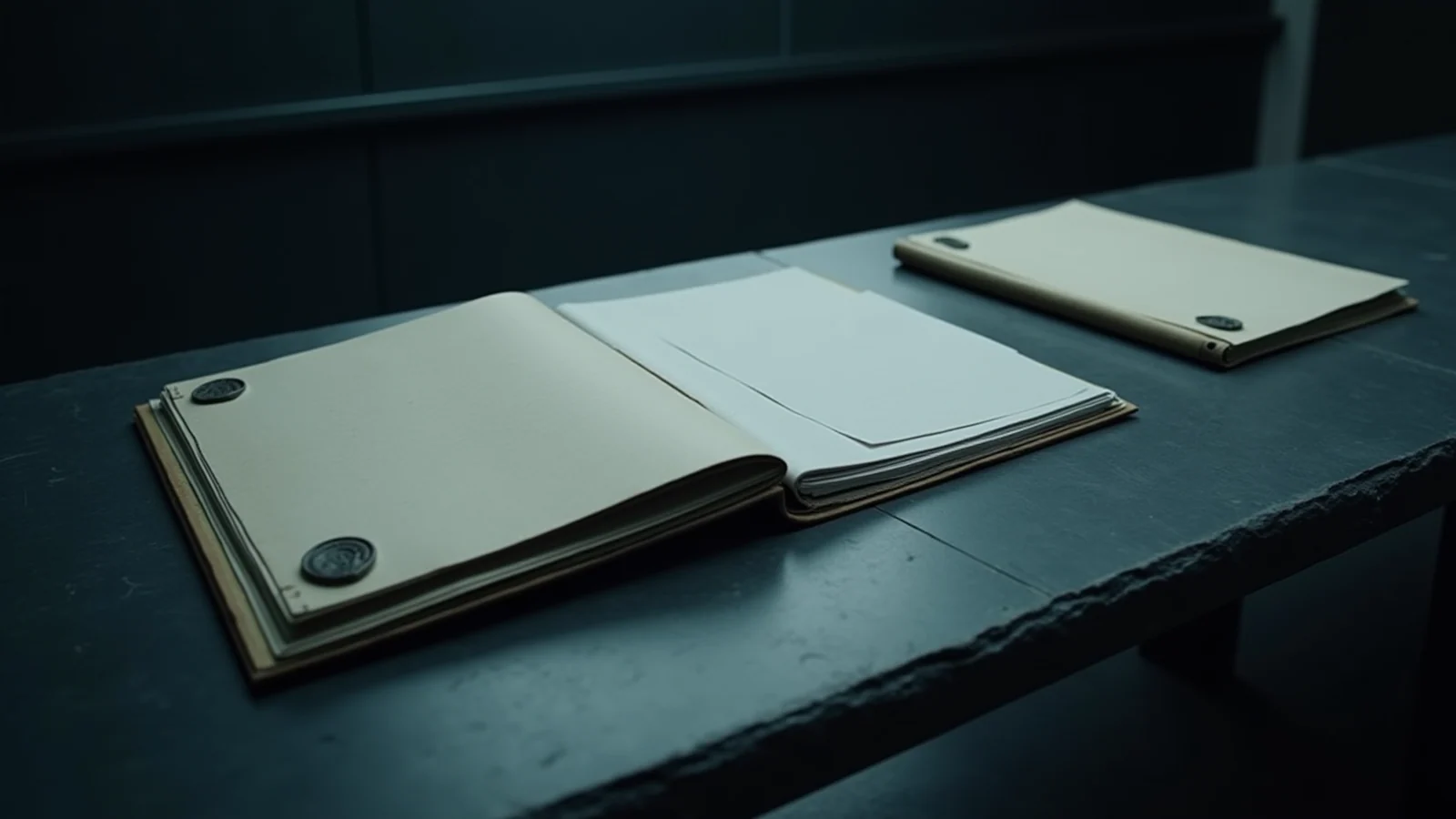 Three separate dated record files rest on one dark archive desk under a single steel lamp, each keeping its own seal and its own lane.