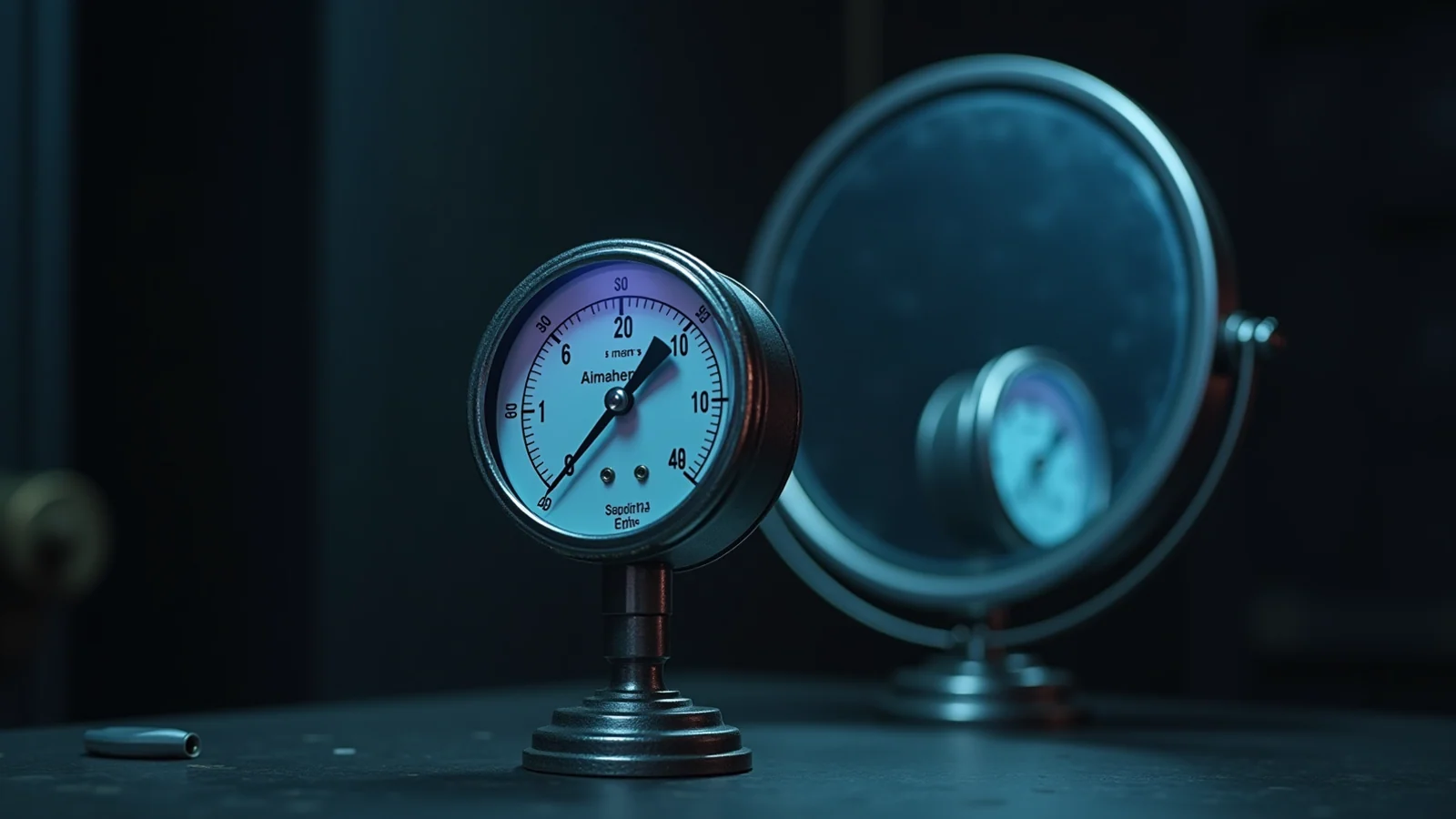 A steel gauge stands before a small round mirror that reflects the gauge back at itself, the instrument measuring its own image on a dark desk.