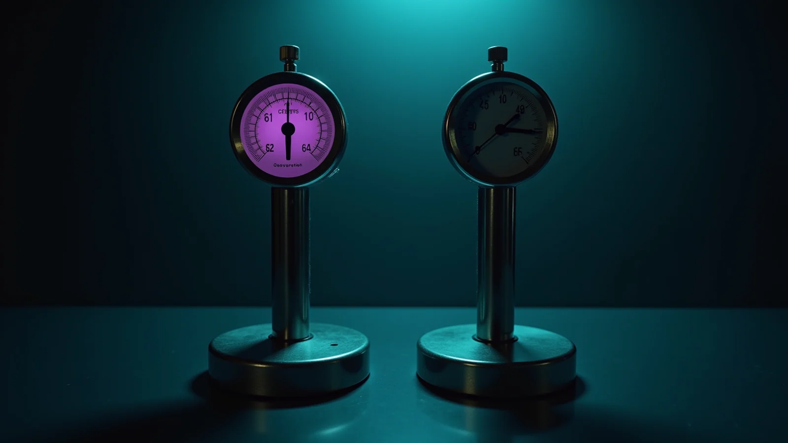 Two steel instrument dials on a dark bench — the left one lit cool violet and climbing, the right one turned face-down and dim under cool teal light, with an empty pedestal between them.