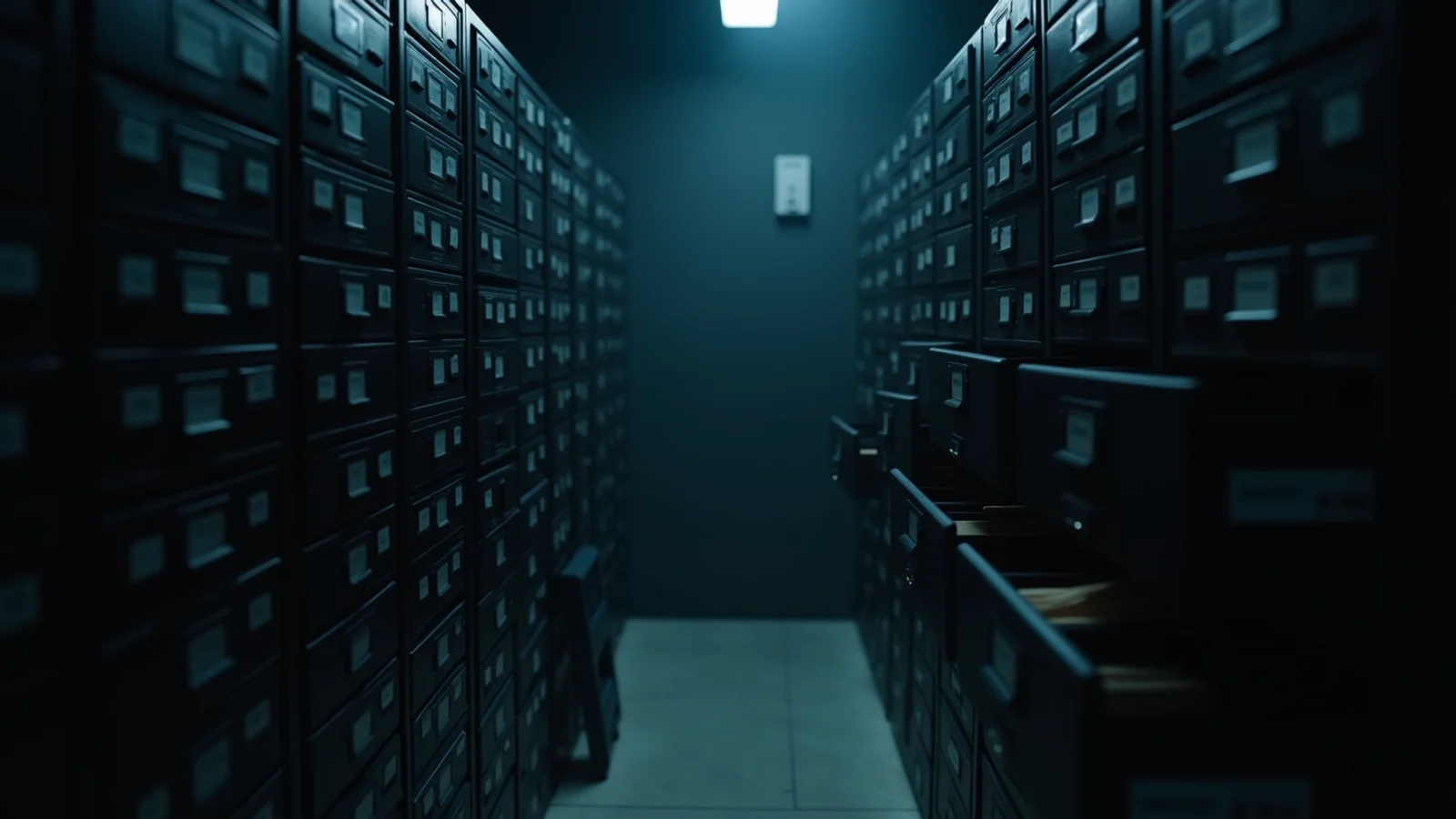 A dark archive wall of tall labeled record drawers with four drawers newly lit and pulled slightly open in a row while the rest stay closed in shadow.