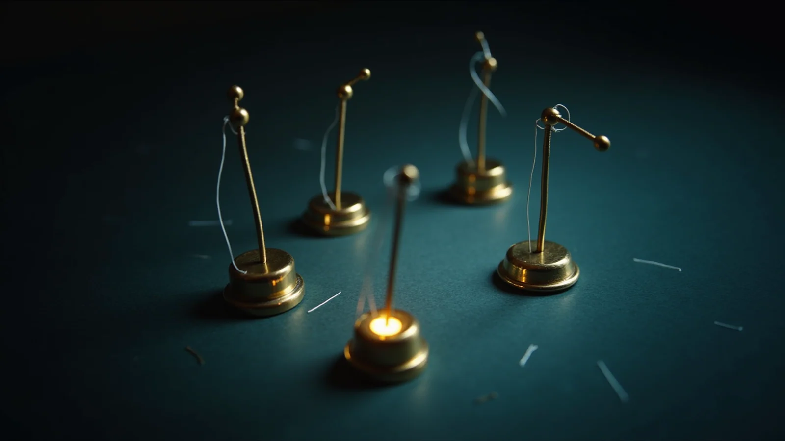 A dark drafting table where fine steel threads run between small lit paperweights, each thread passing through a single pinned document rather than joining the weights directly.