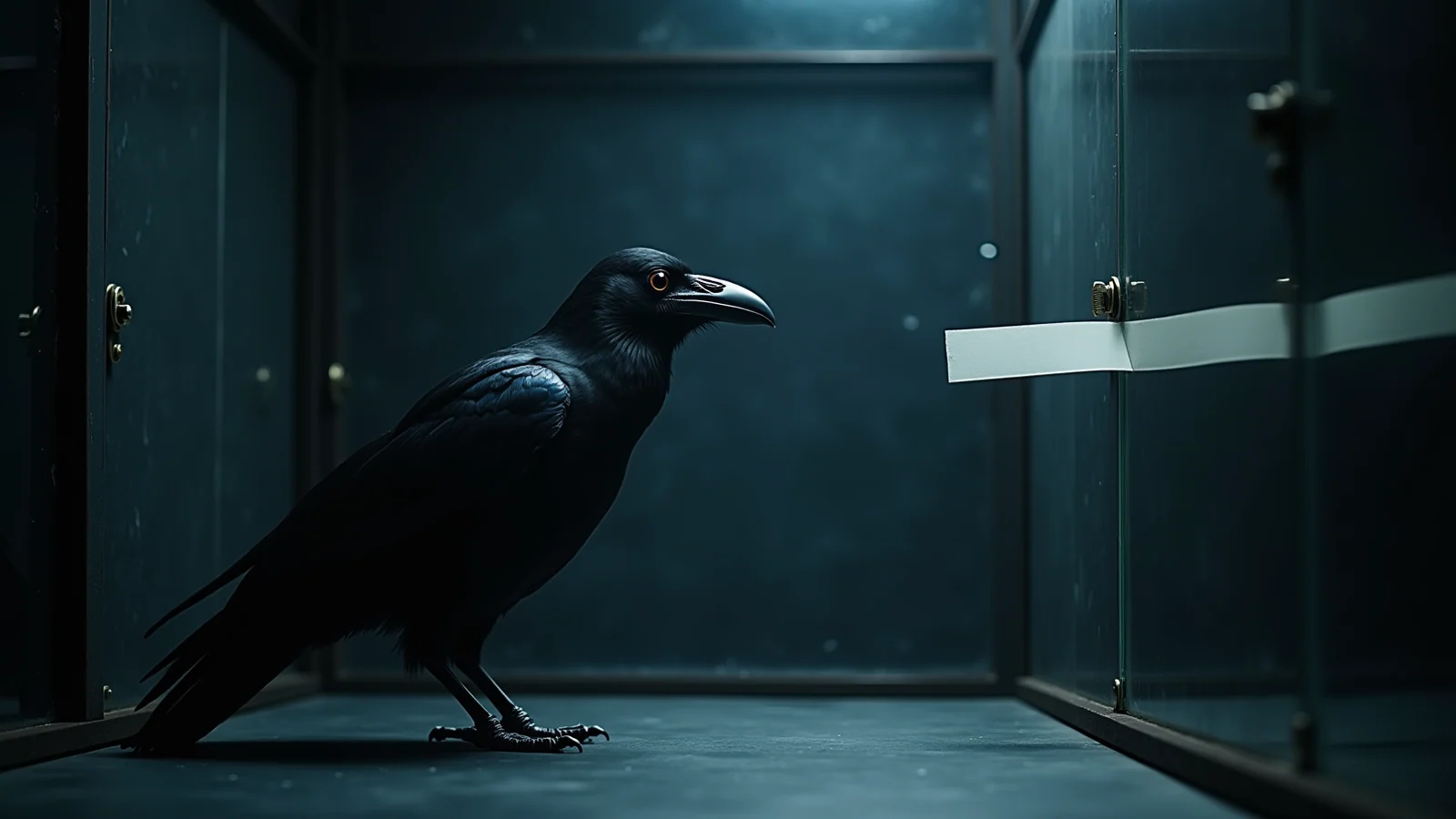 A dark mechanical raven sits inside a steel-and-glass boundary while a small non-readable audit tape passes through a controlled opening.