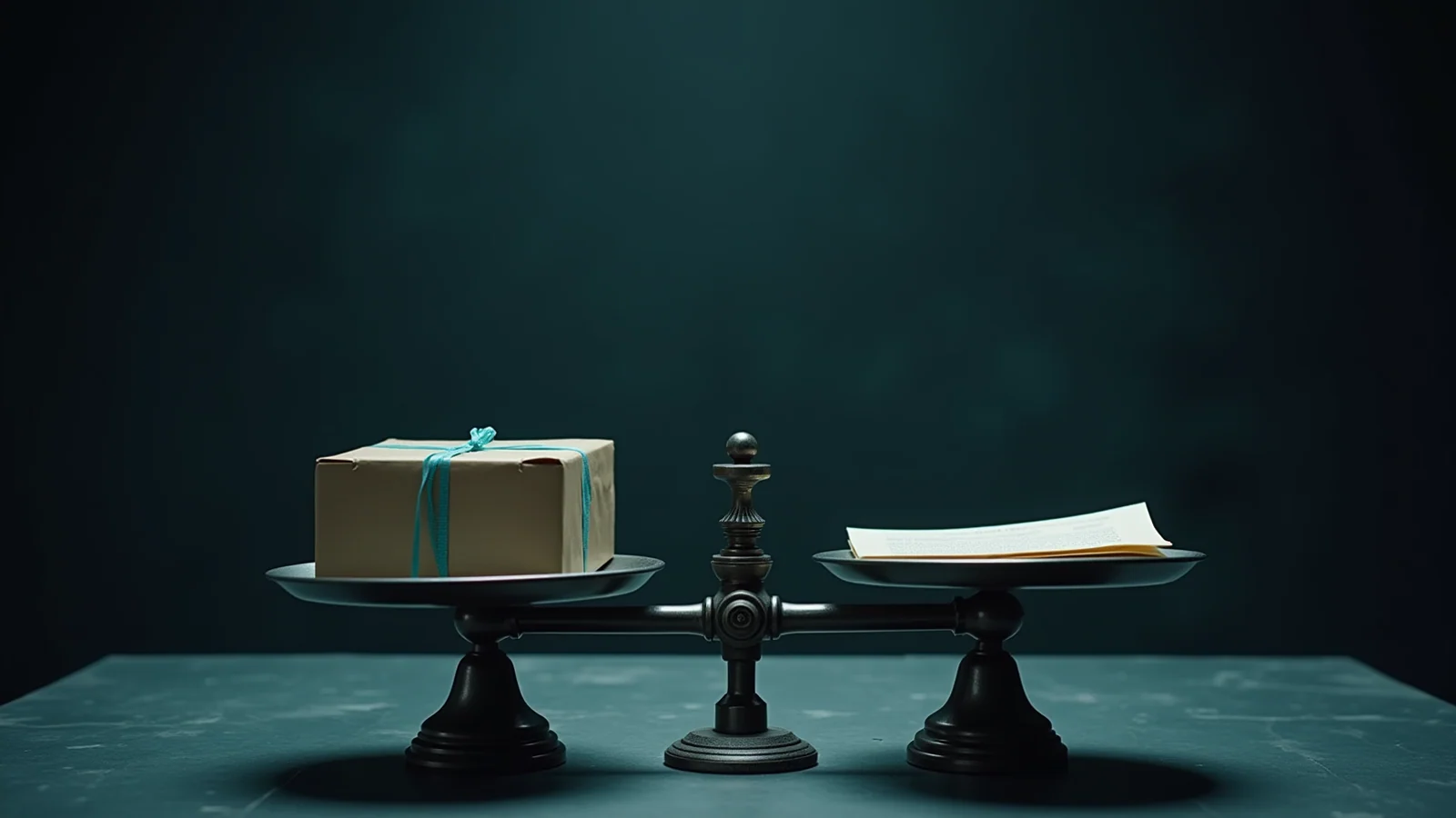 A steel balance scale on a dark stone table holds an unmarked parcel on one pan and a sealed agreement on the other, with thin teal transaction lines behind it.