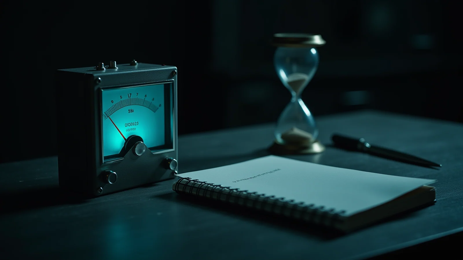 A steel mechanical meter points to a small glowing teal mark beside an unlit hourglass and one closed notebook on a dark workbench.