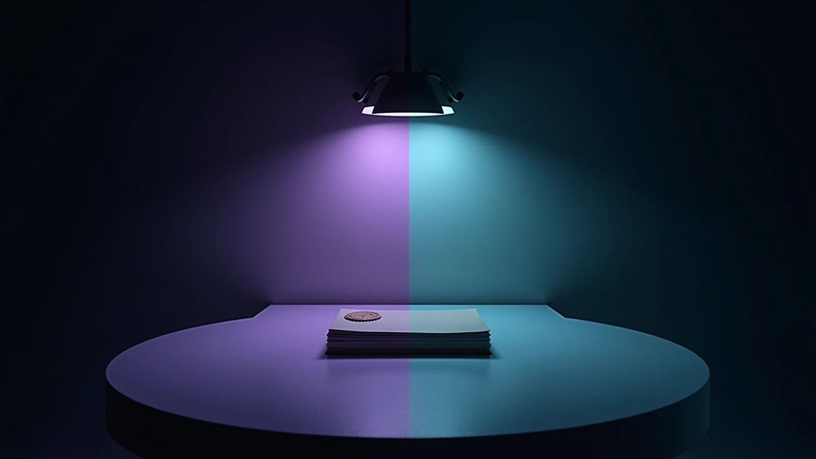 An aged archival record card with a pressed floral mark stands on a pale stone plinth under cool violet light, a red grey lead seal resting before it, the whole scene edged in cool teal.