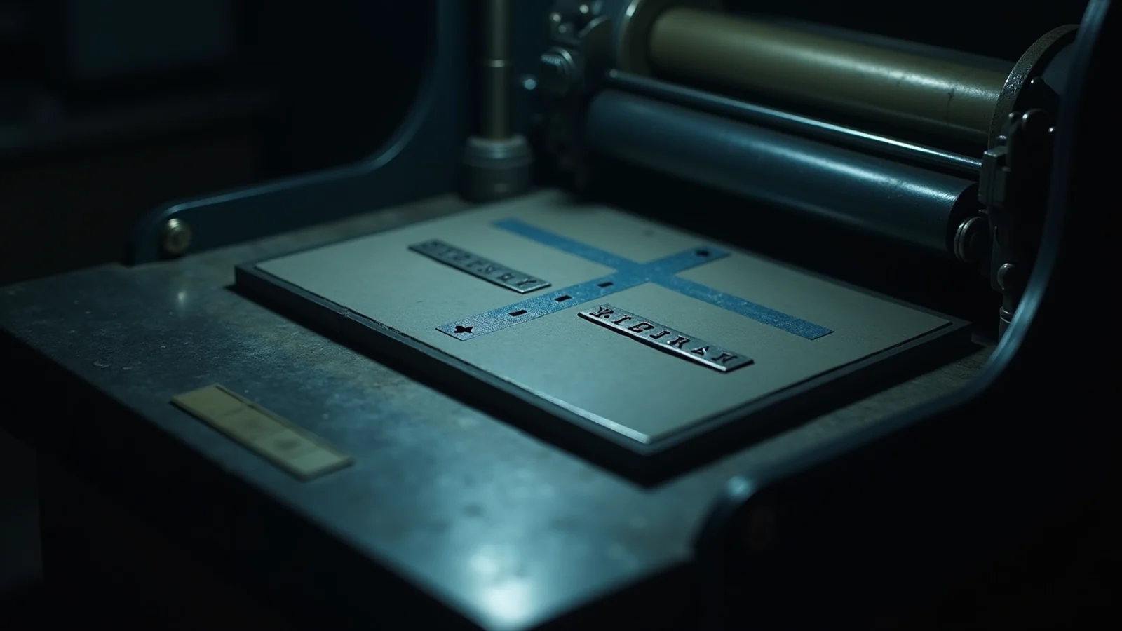 A printer's composing stone in a dark archive under one lamp, a folio rule and a single cool blue register mark set in the metal type, the tray otherwise empty of words.