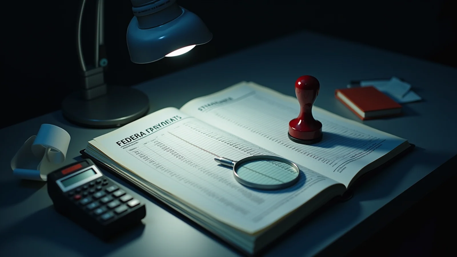 An austere dark federal audit room, one lit desk with tall stacks of payment ledgers, an adding machine, and a magnifier resting over a spreadsheet.