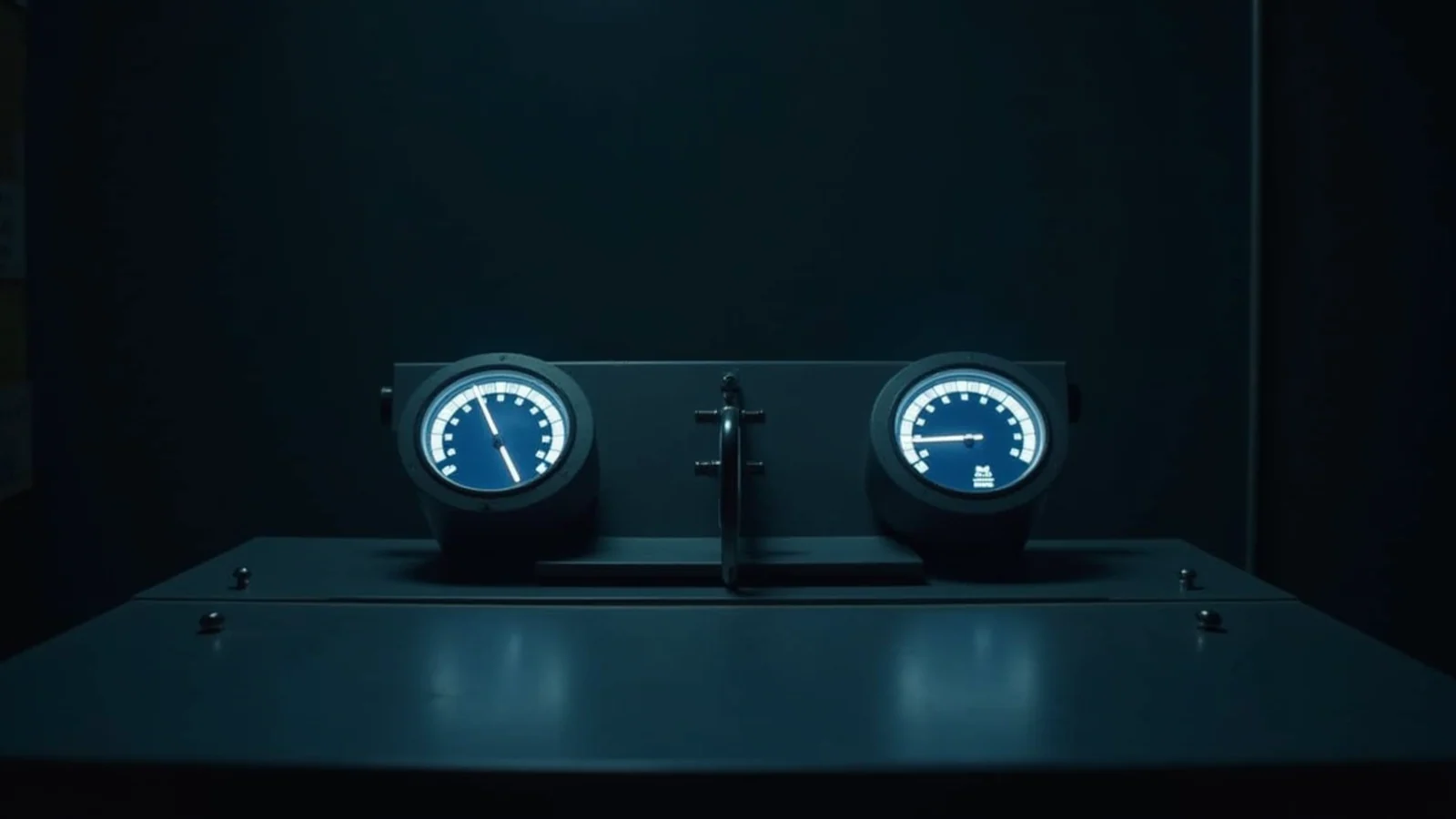 A quiet dark operations desk with two separate illuminated instrument dials, one cool blue and one cool violet, separated by a steel divider and an empty receipt slot.