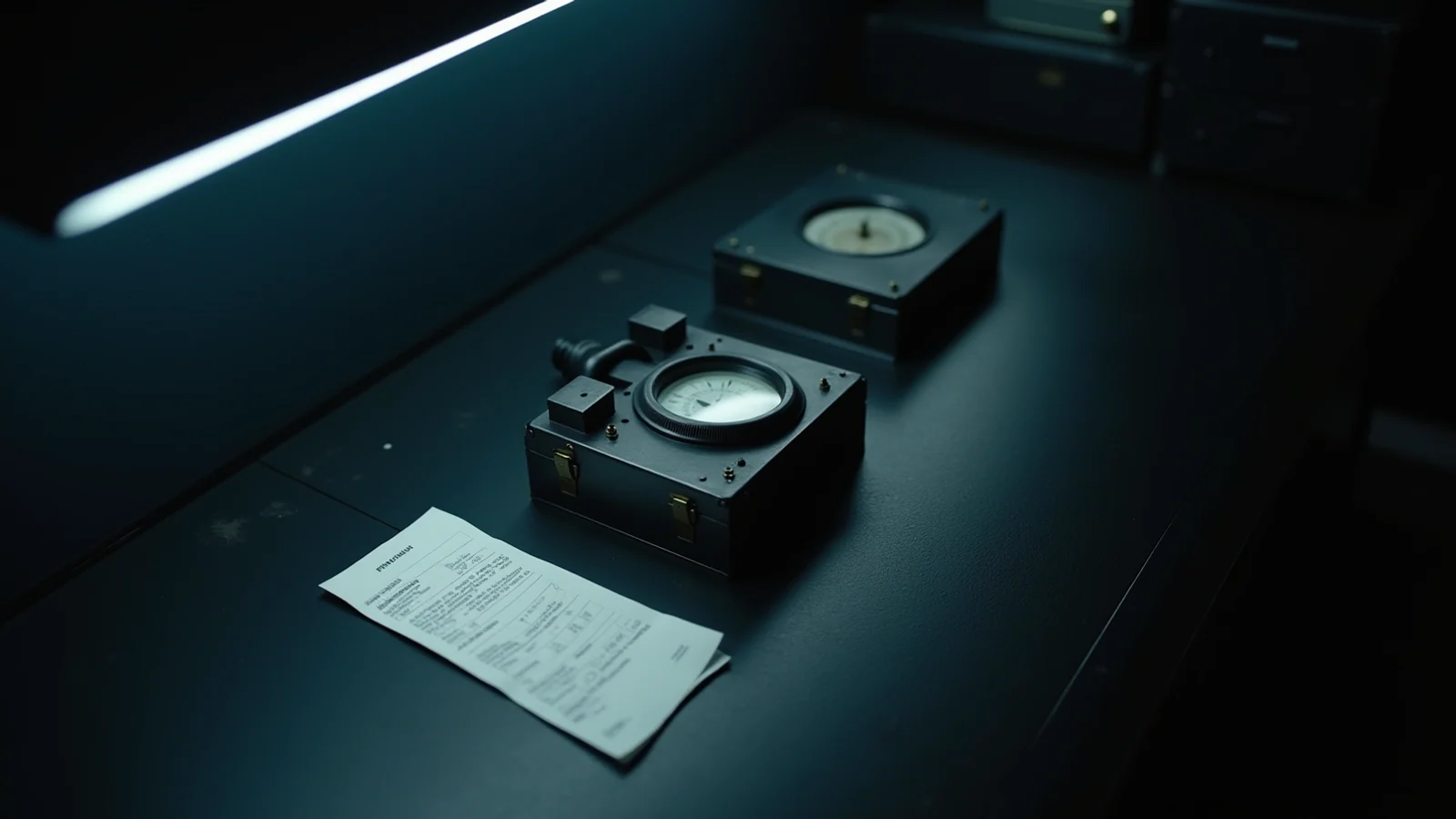 A dark archive watch desk with a large unmarked circular gauge, an unmarked clock case beside it, a blank paper receipt under a steel weight, and a cool blue light separating the instruments.