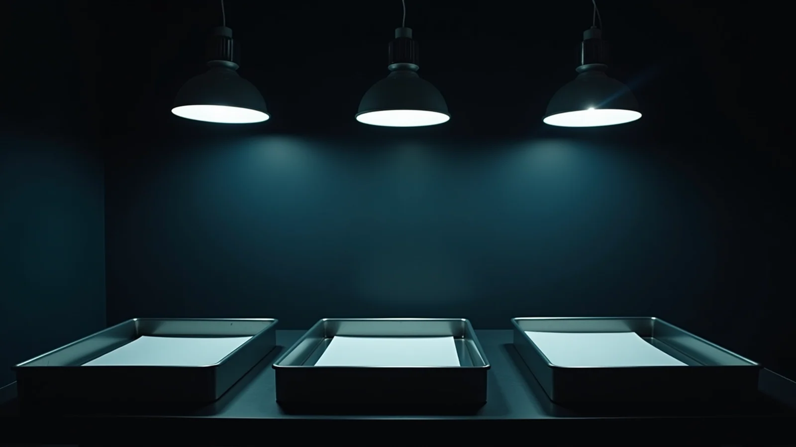 A dark evidence desk split into three labeled trays for product launch records, health-data controls, and fraud-case documents, with each tray lit by a separate cool source light.