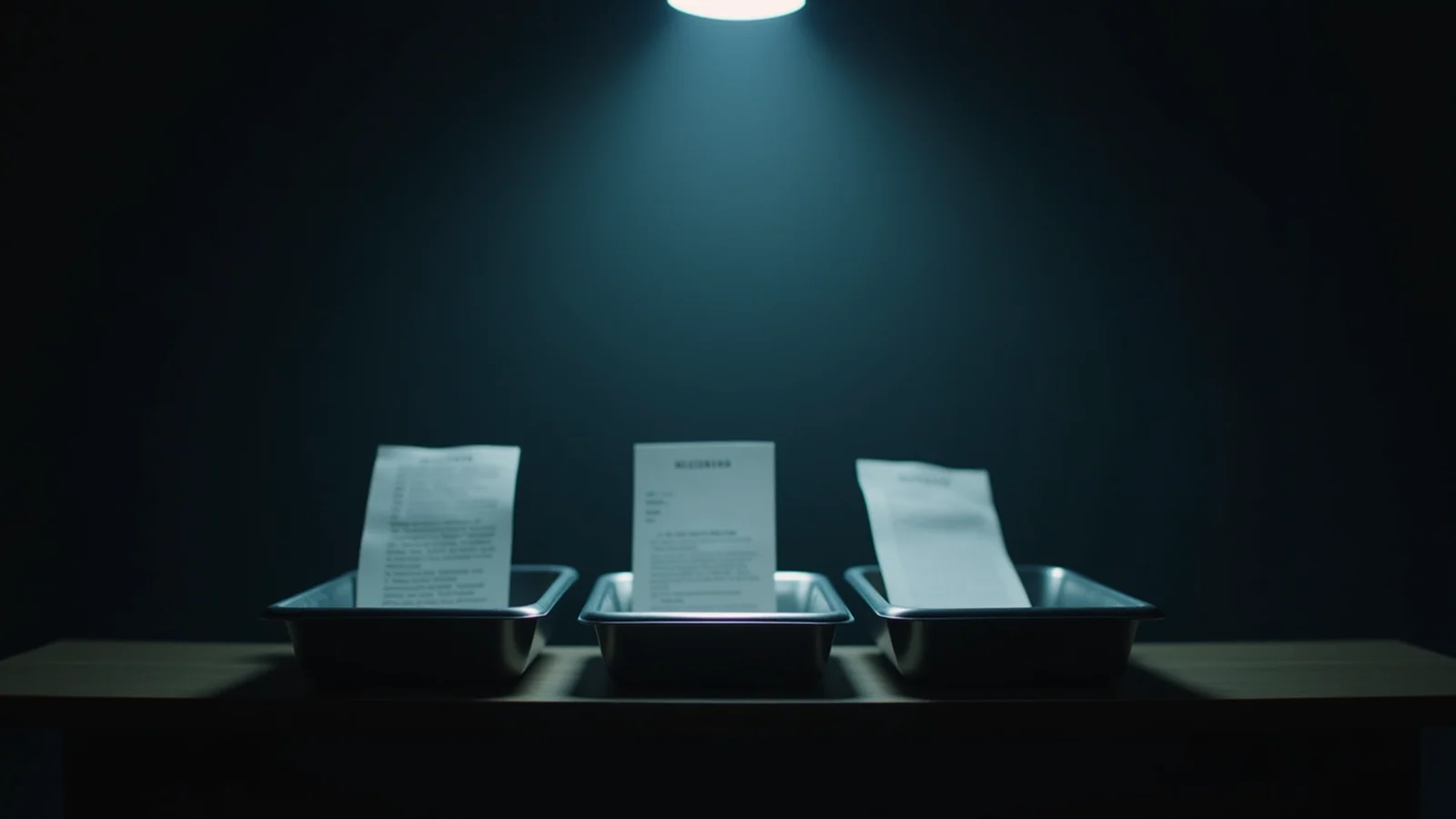 A quiet editorial desk with three shallow metal trays labeled launch, health, and case record, each holding a different kind of paper receipt under separate task lights.