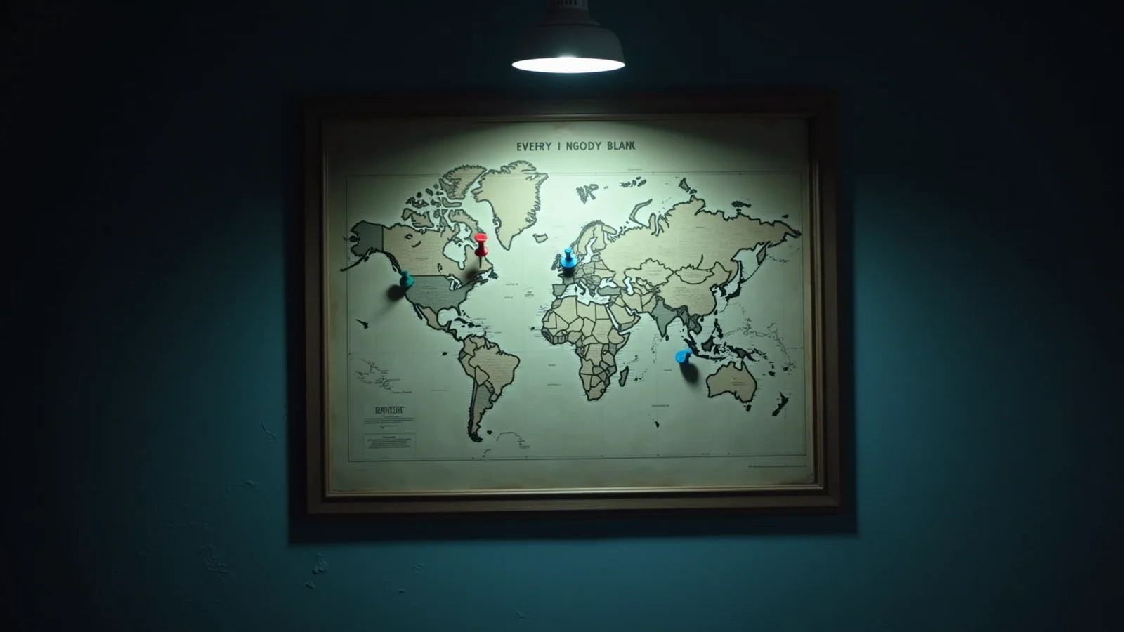 A large paper map on a dark desk under one angled lamp, three coloured pins clustered inside the pool of light and the rest of the map falling away into shadow.