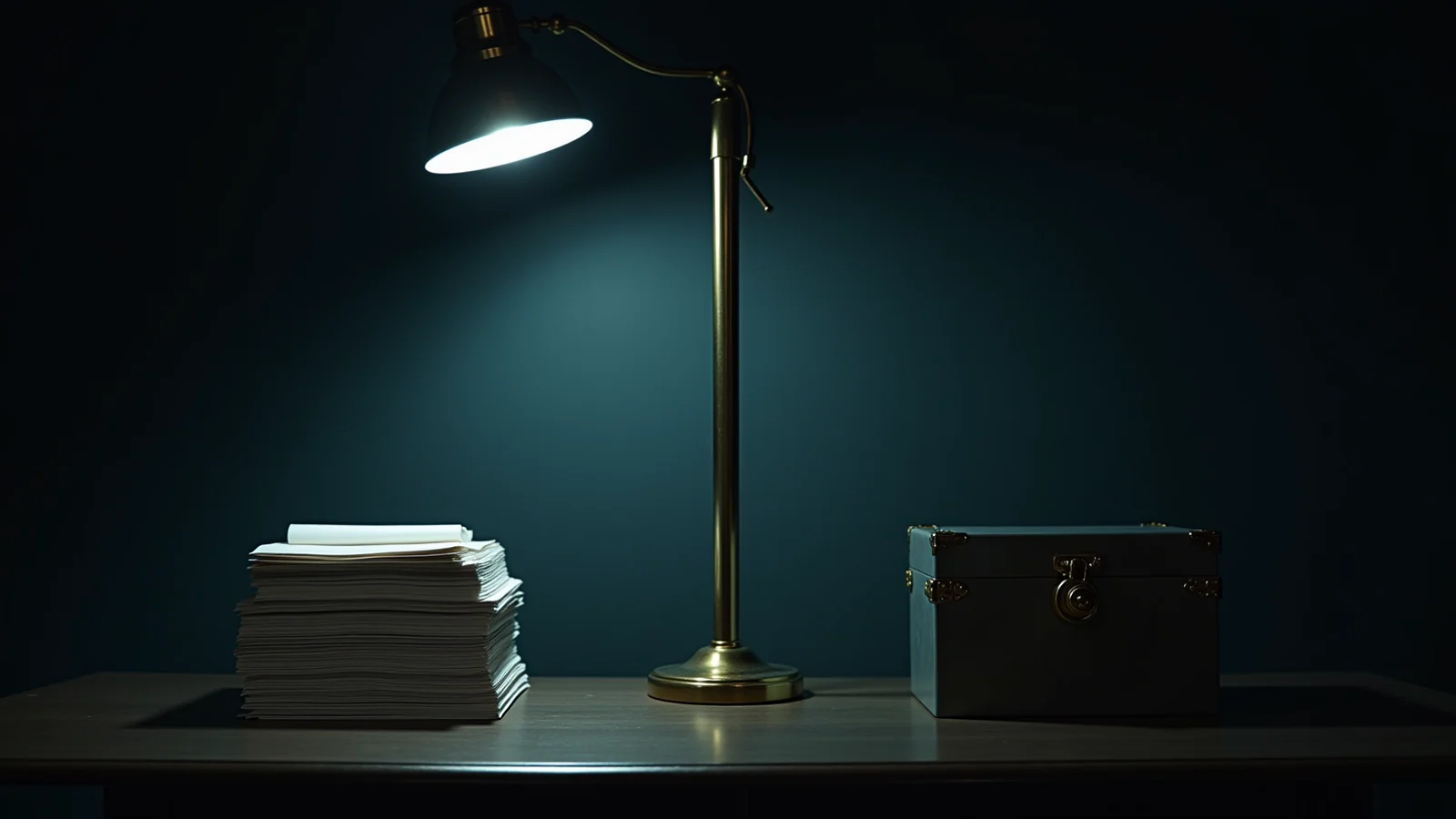 A dark bench lit by a single steel lamp, a tall stack of loose research papers on one side and a sealed steel evidence box with a grey lead seal on the other.